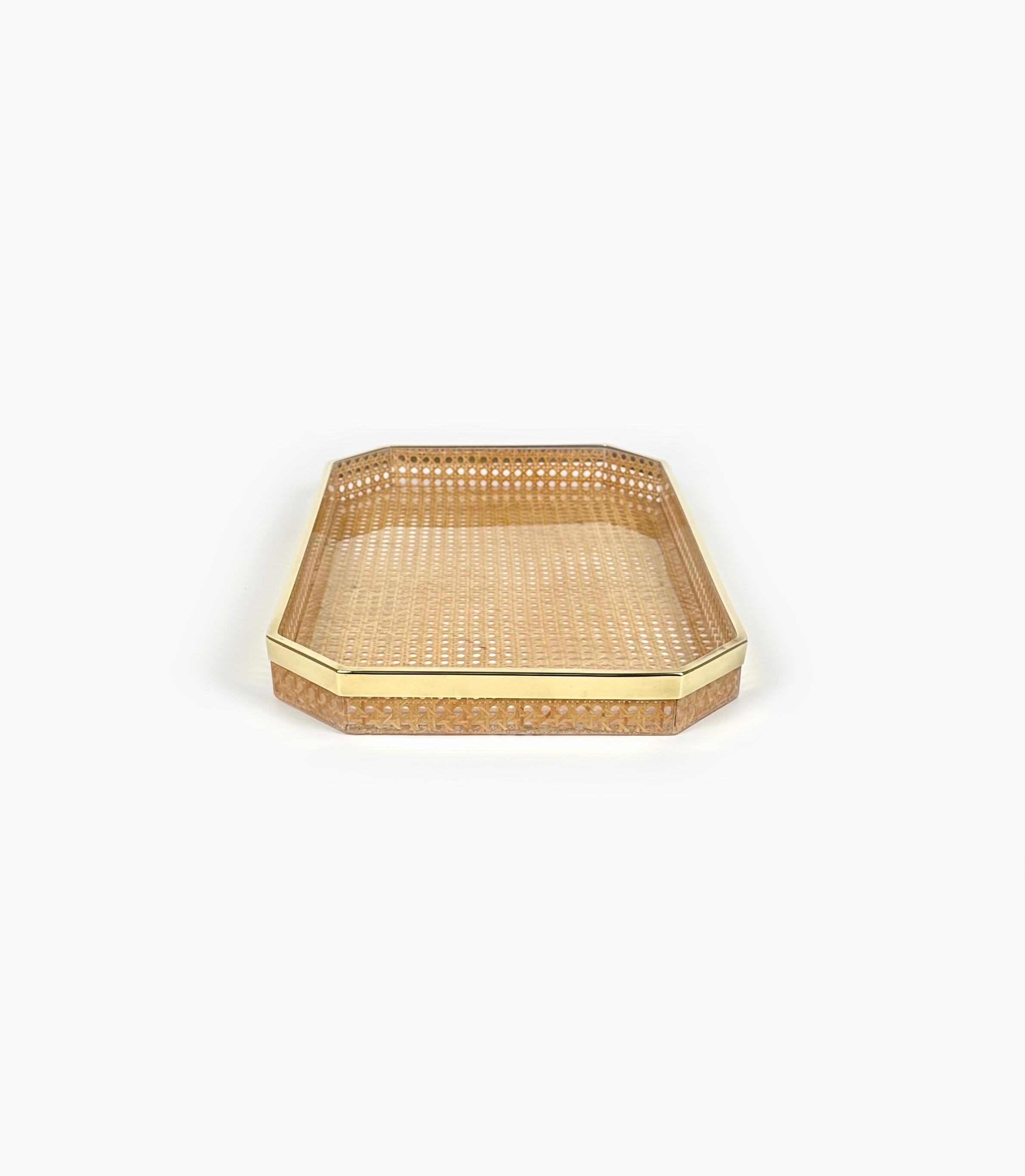 Metal Serving Tray in Lucite, Rattan and Brass Christian Dior Style, Italy, 1970s