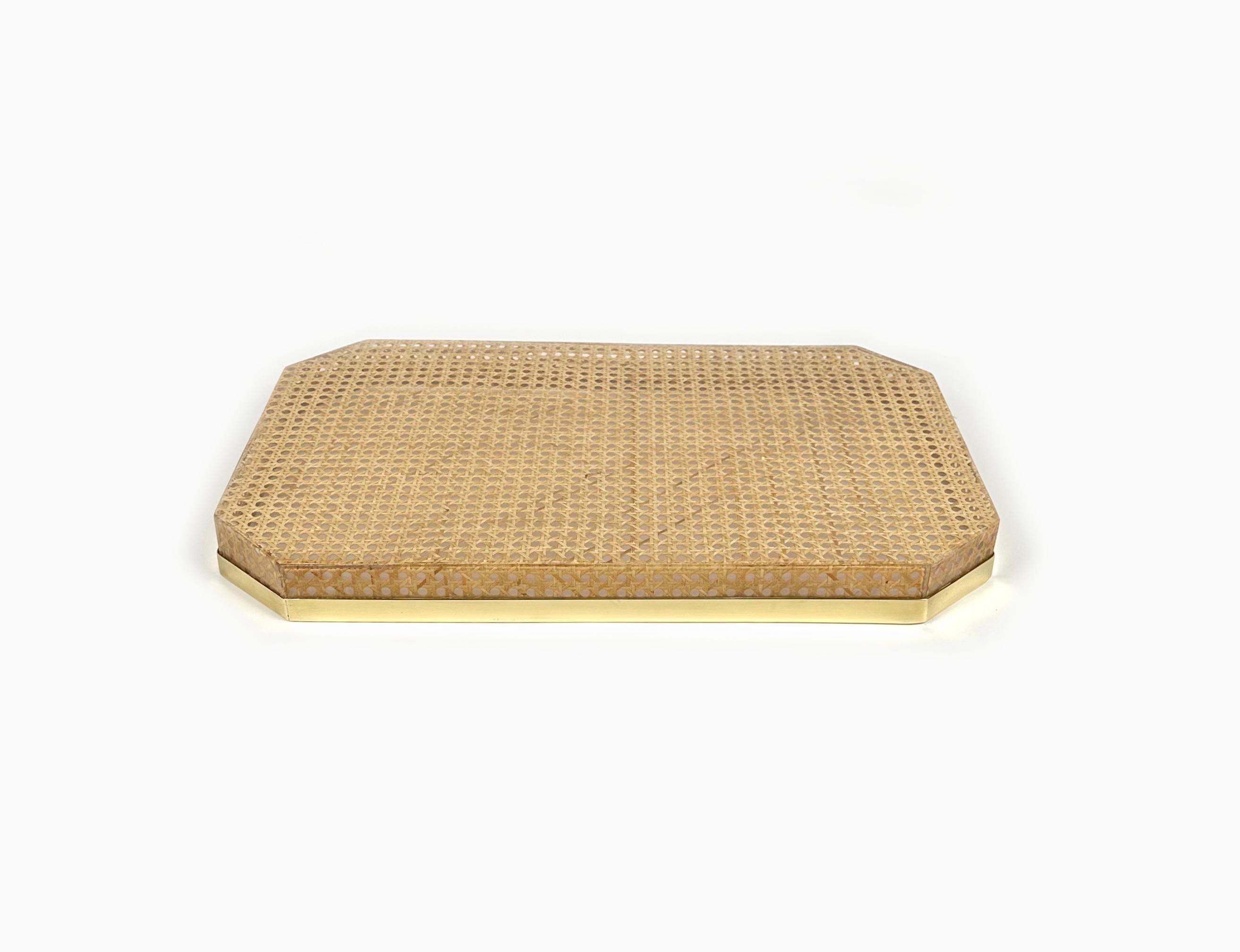 Serving Tray in Lucite, Rattan and Brass Christian Dior Style, Italy, 1970s 1