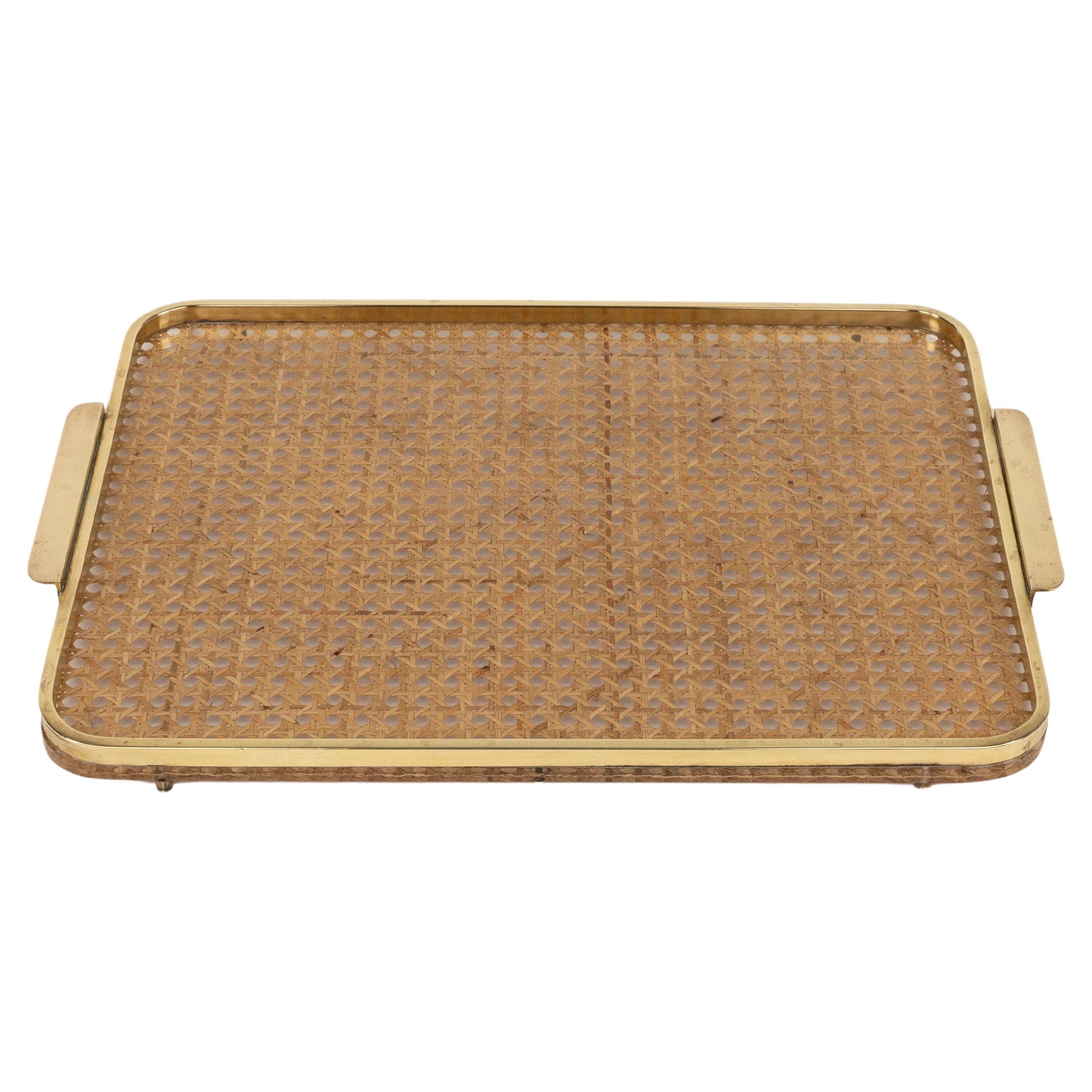 Serving Tray in Lucite, Rattan and Brass Christian Dior Style, Italy, 1970s For Sale
