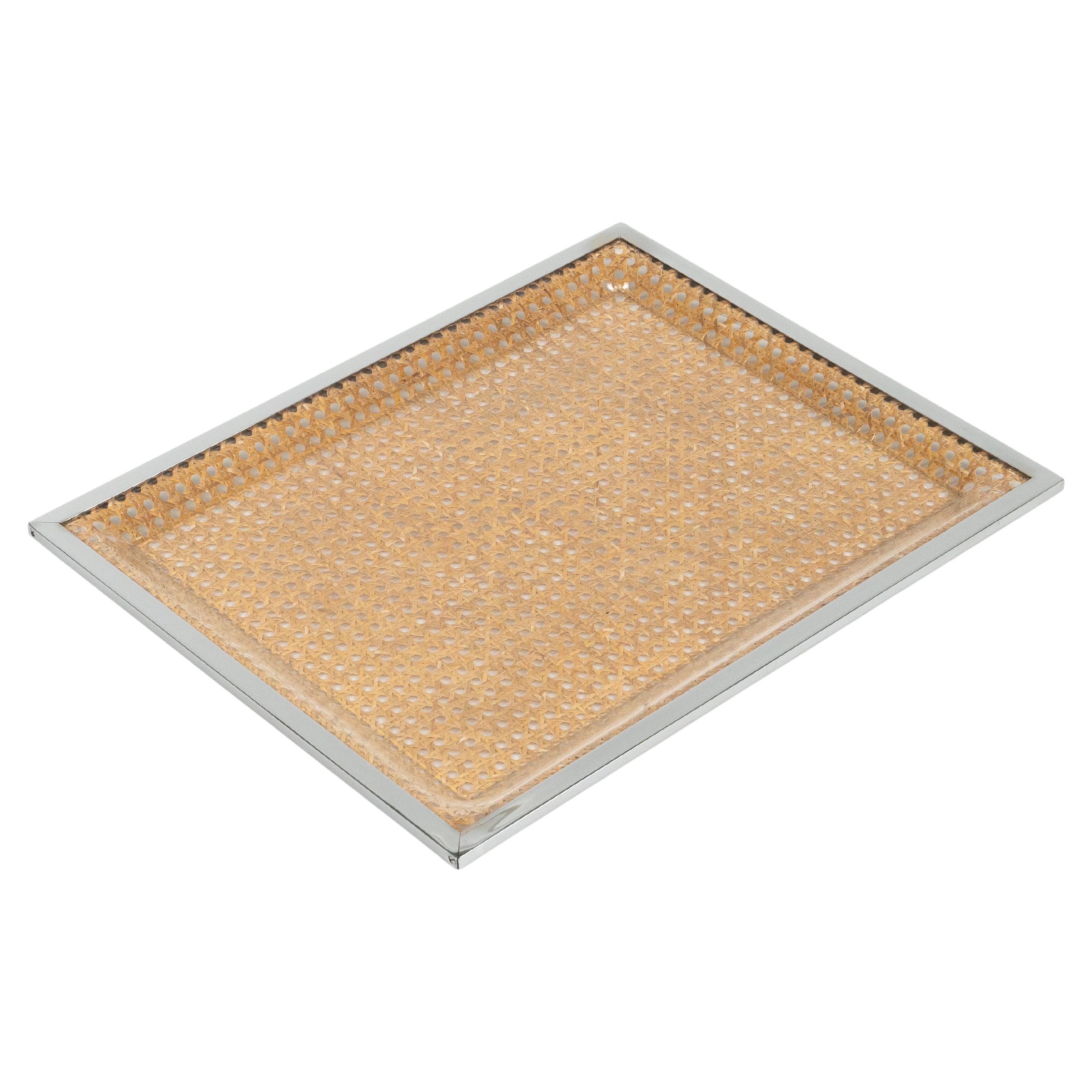 Bandeja para servir de lucita, ratán y cromo Christian Dior Style Home, Italia Años 70