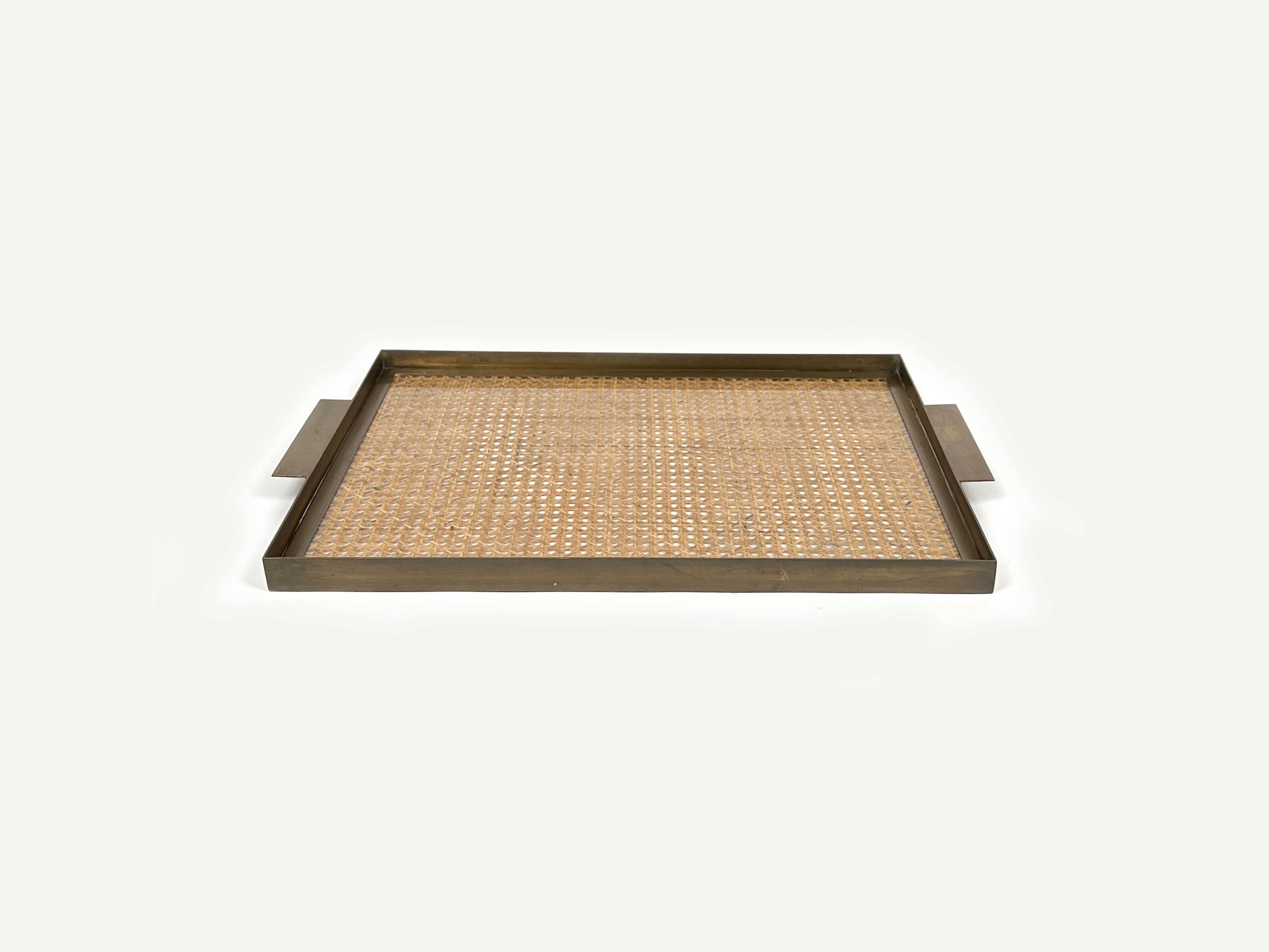 Serving Tray in Lucite, Rattan & Brass Christian Dior Style, Italy, 1970s 3