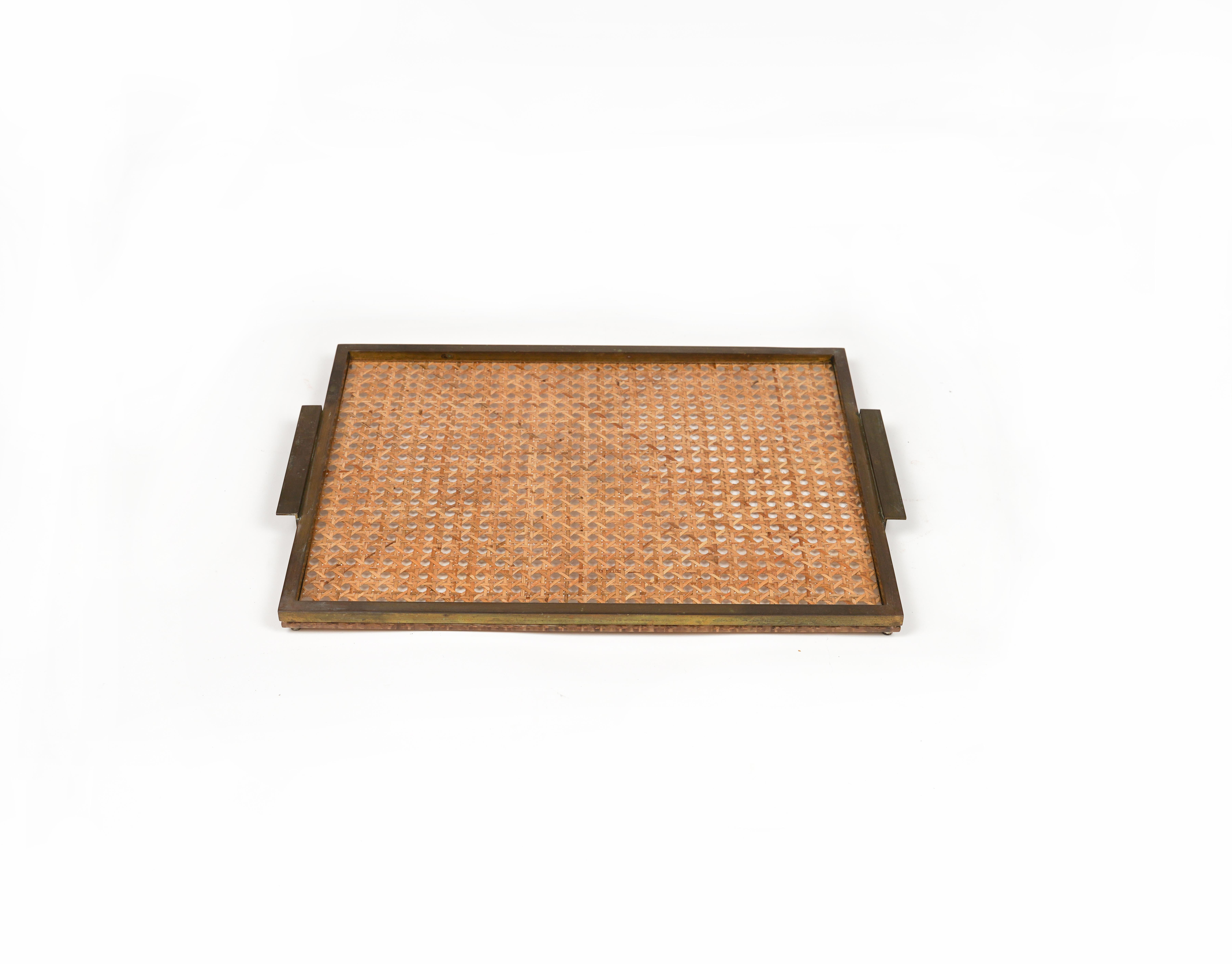 Serving Tray in Lucite, Rattan & Brass Christian Dior Style, Italy, 1970s For Sale 1