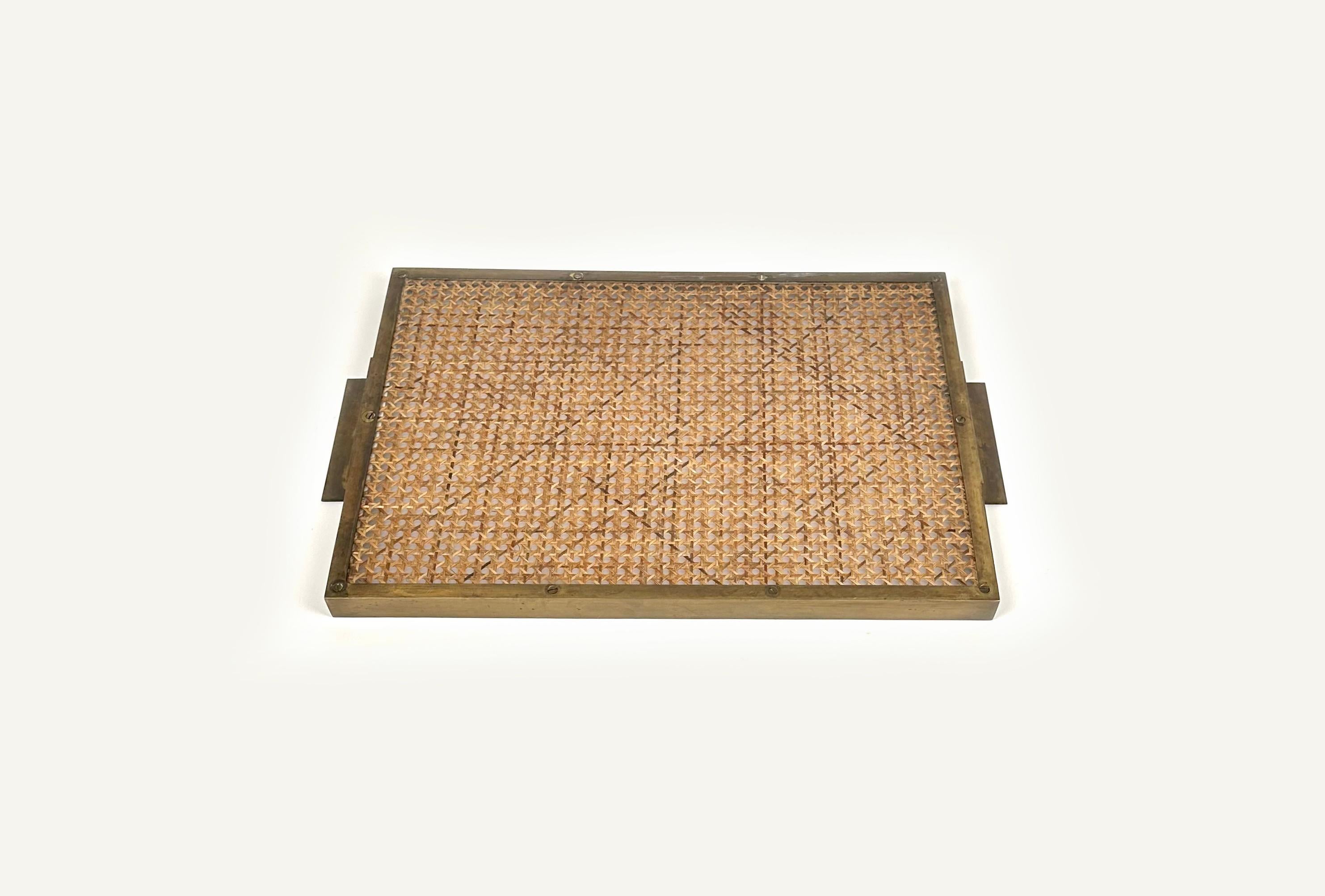 Serving Tray in Lucite, Rattan & Brass Christian Dior Style, Italy, 1970s 4