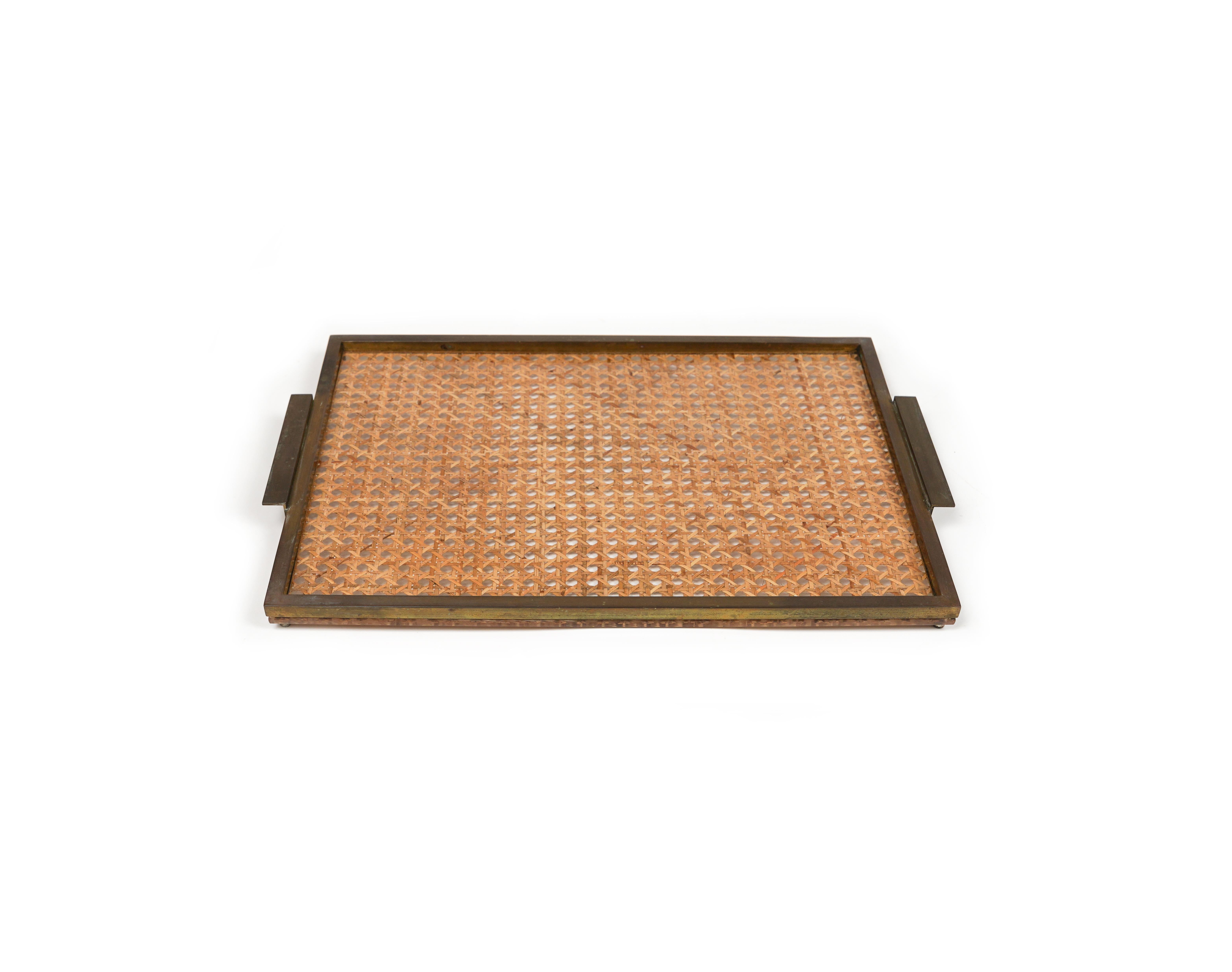 Serving Tray in Lucite, Rattan & Brass Christian Dior Style, Italy, 1970s For Sale 3