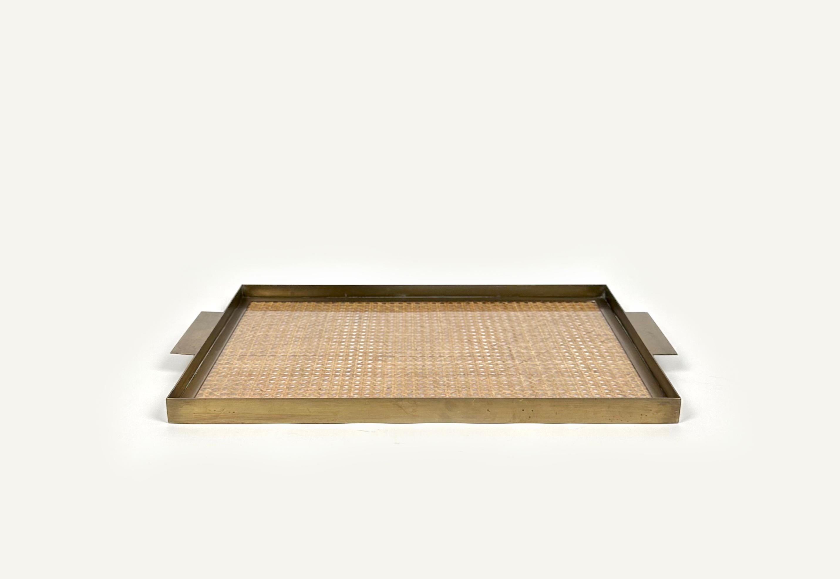Mid-Century Modern Serving Tray in Lucite, Rattan & Brass Christian Dior Style, Italy, 1970s