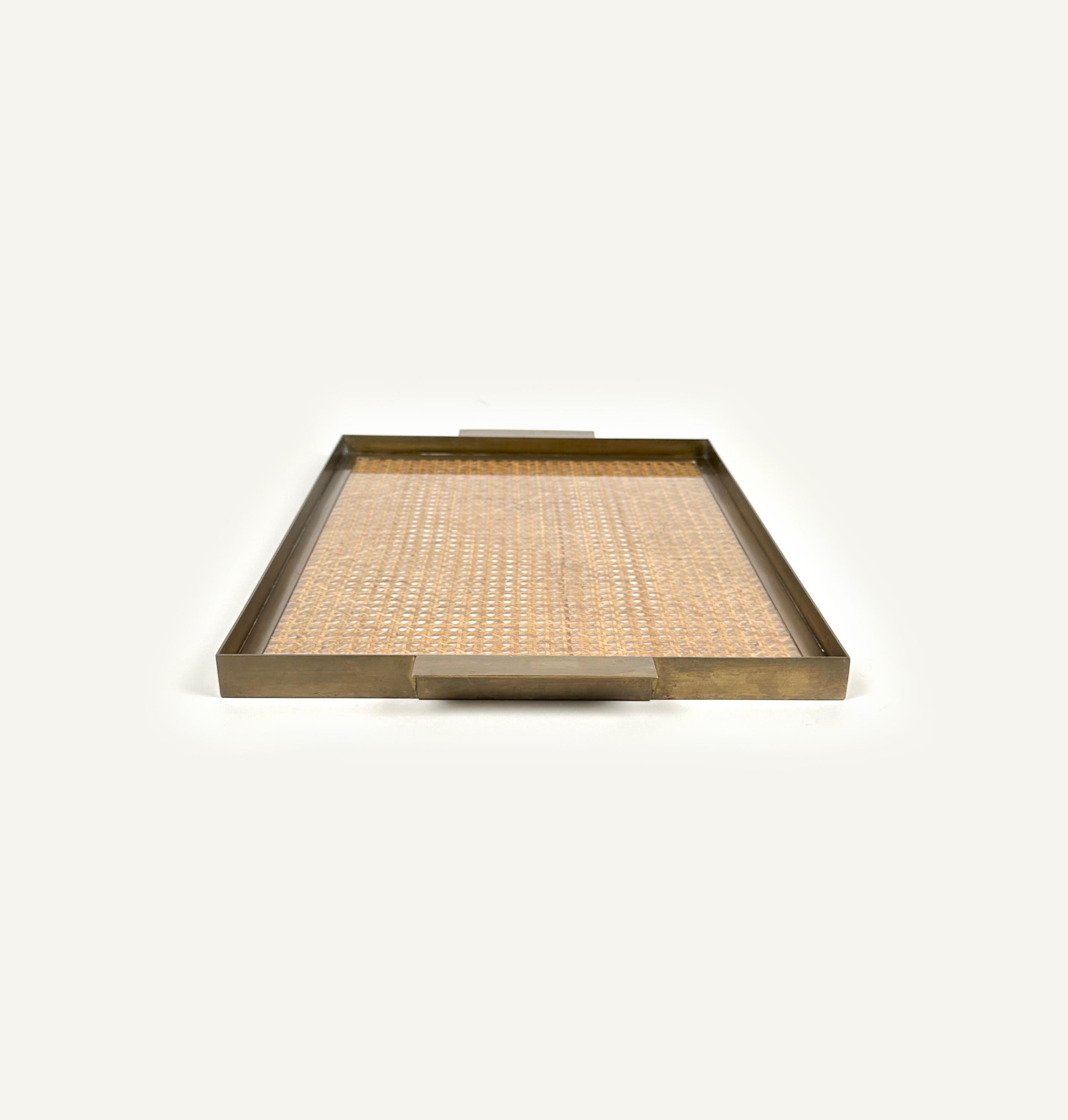Serving Tray in Lucite, Rattan & Brass Christian Dior Style, Italy, 1970s In Good Condition In Rome, IT