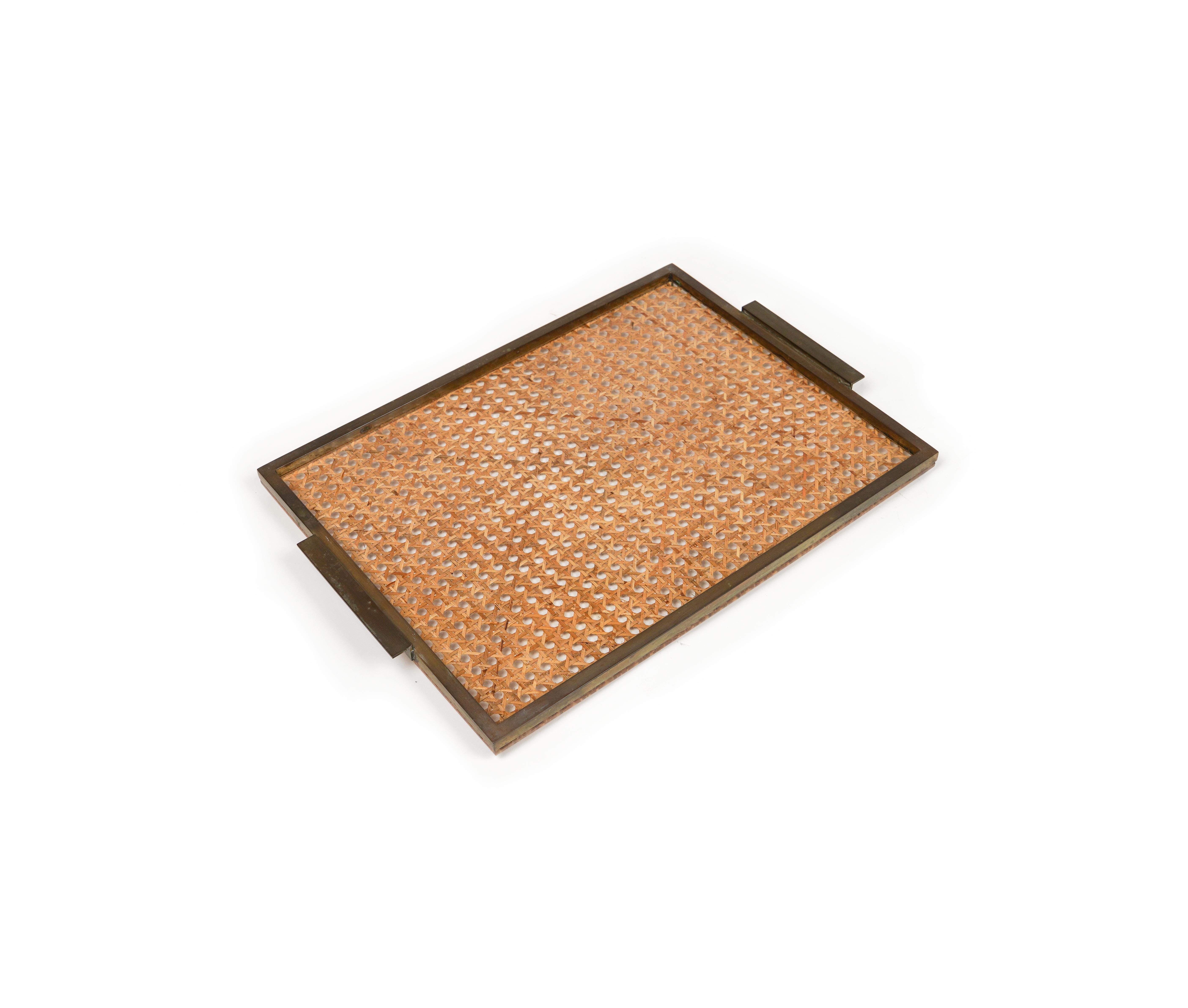 Mid-Century Modern Serving Tray in Lucite, Rattan & Brass Christian Dior Style, Italy, 1970s For Sale