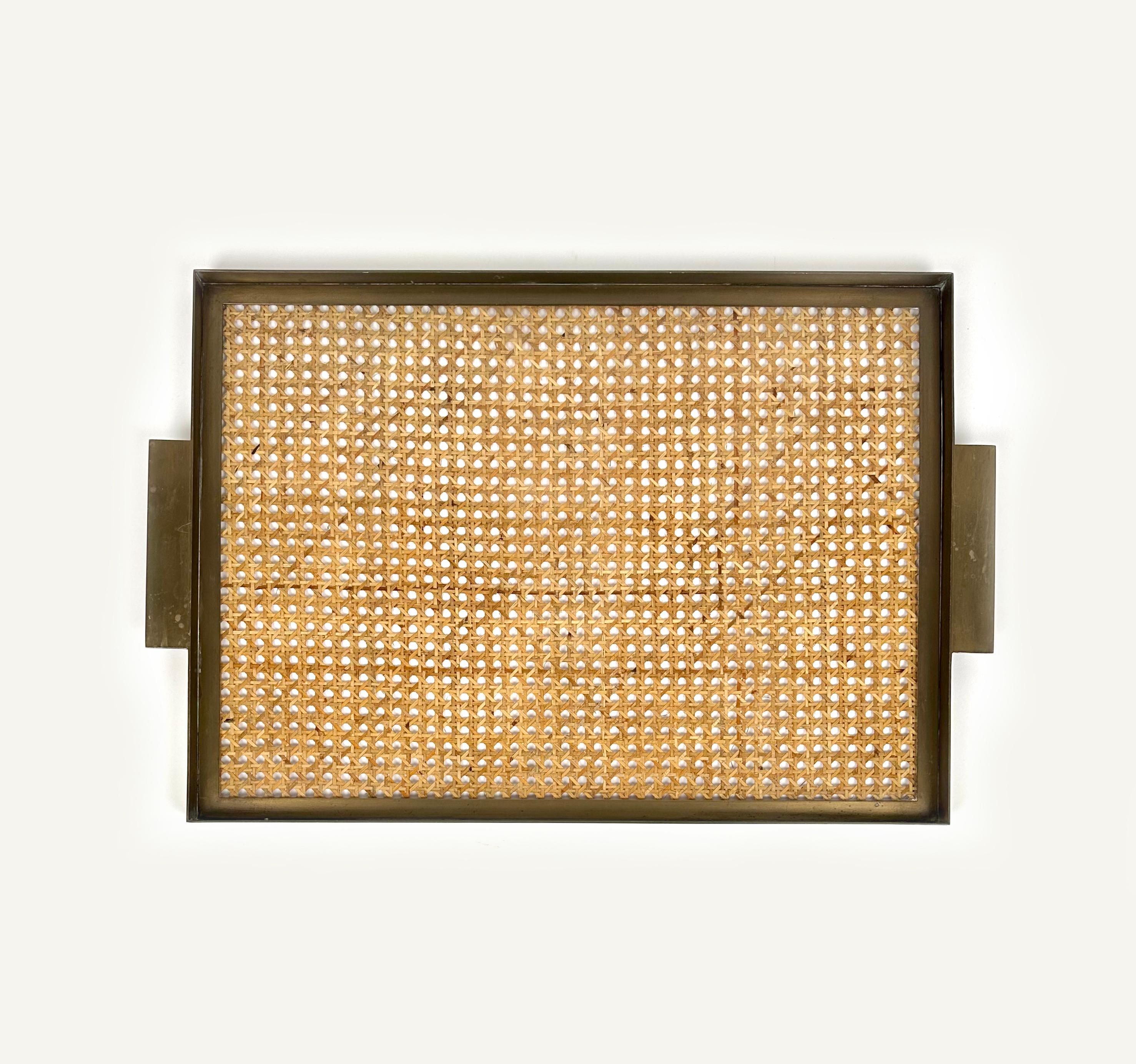 Late 20th Century Serving Tray in Lucite, Rattan & Brass Christian Dior Style, Italy, 1970s
