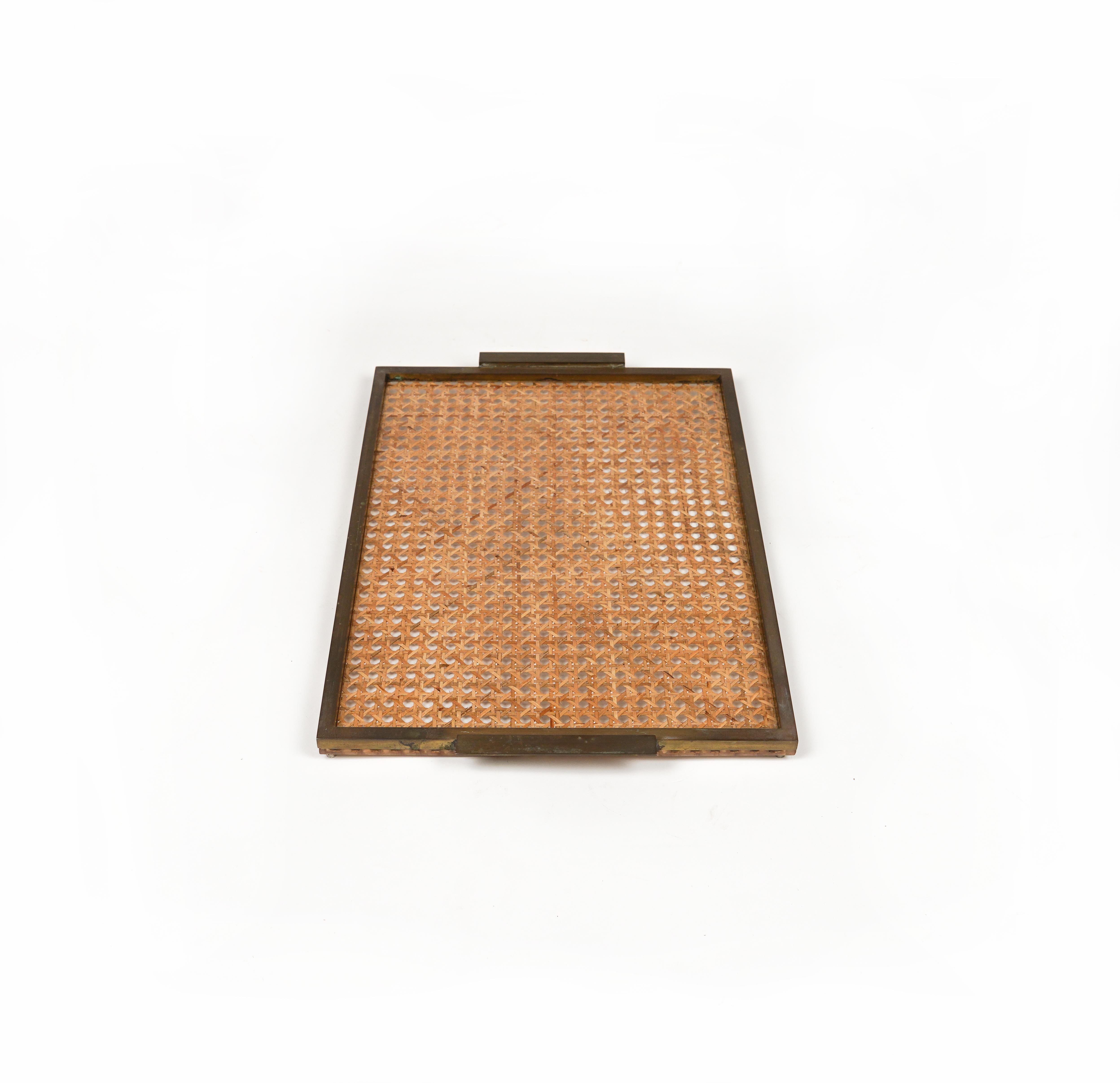 Late 20th Century Serving Tray in Lucite, Rattan & Brass Christian Dior Style, Italy, 1970s For Sale