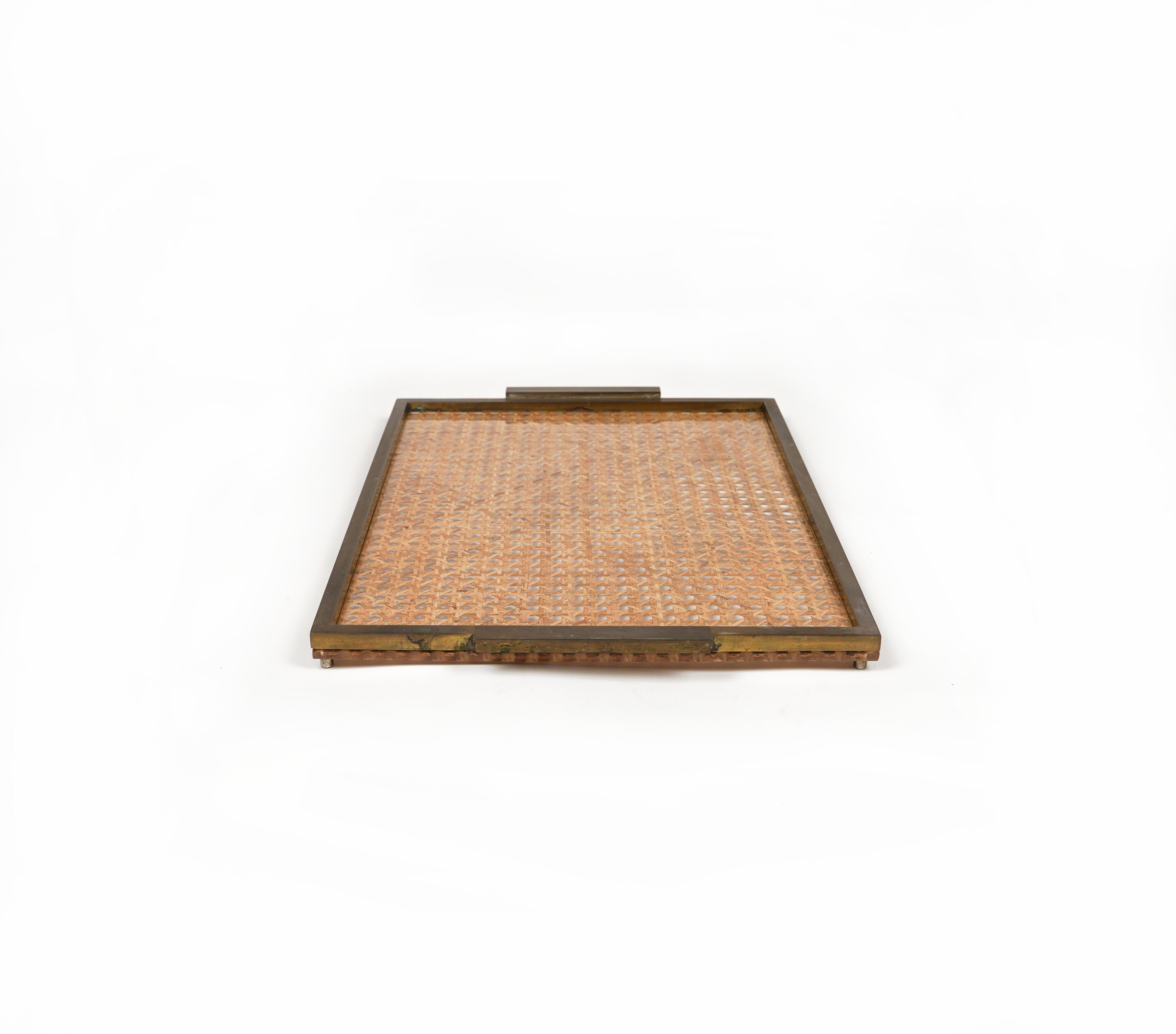 Metal Serving Tray in Lucite, Rattan & Brass Christian Dior Style, Italy, 1970s For Sale