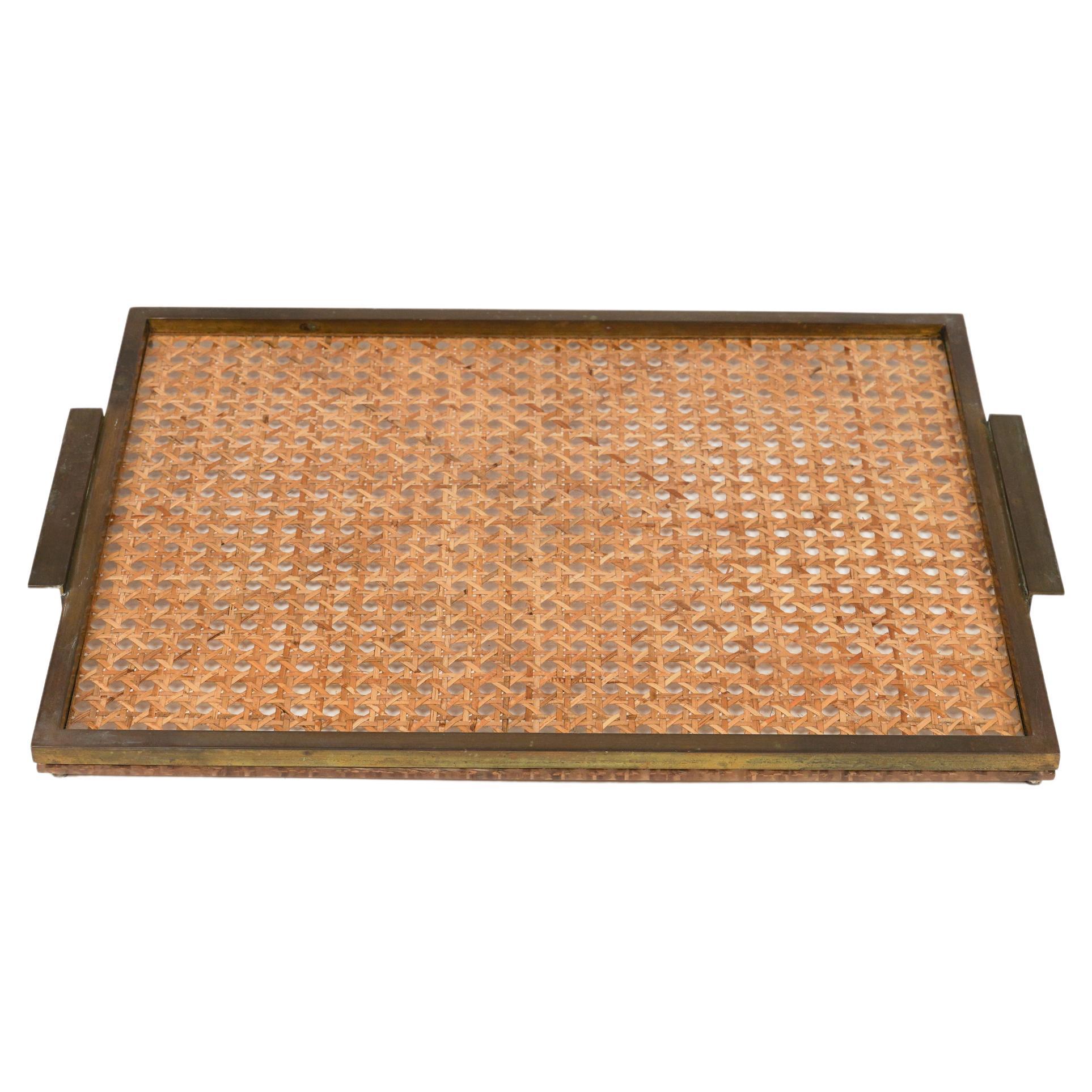 Serving Tray in Lucite, Rattan & Brass Christian Dior Style, Italy, 1970s For Sale