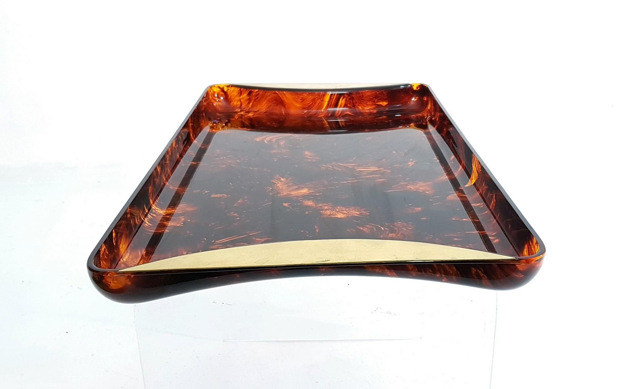 Modern Serving Tray in Lucite Tortoise and Brass by Guzzini, Italy