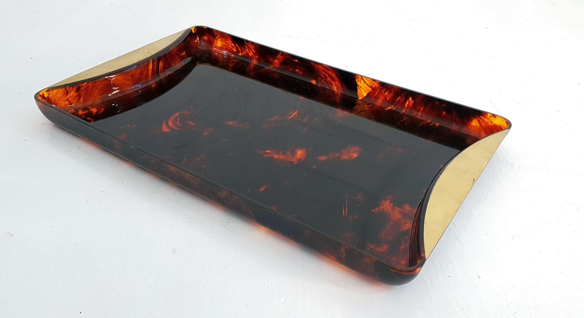 20th Century Serving Tray in Lucite Tortoise and Brass by Guzzini, Italy