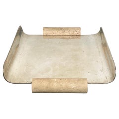 Serving Tray in Silver Metal and Travertine, Italy 1970s