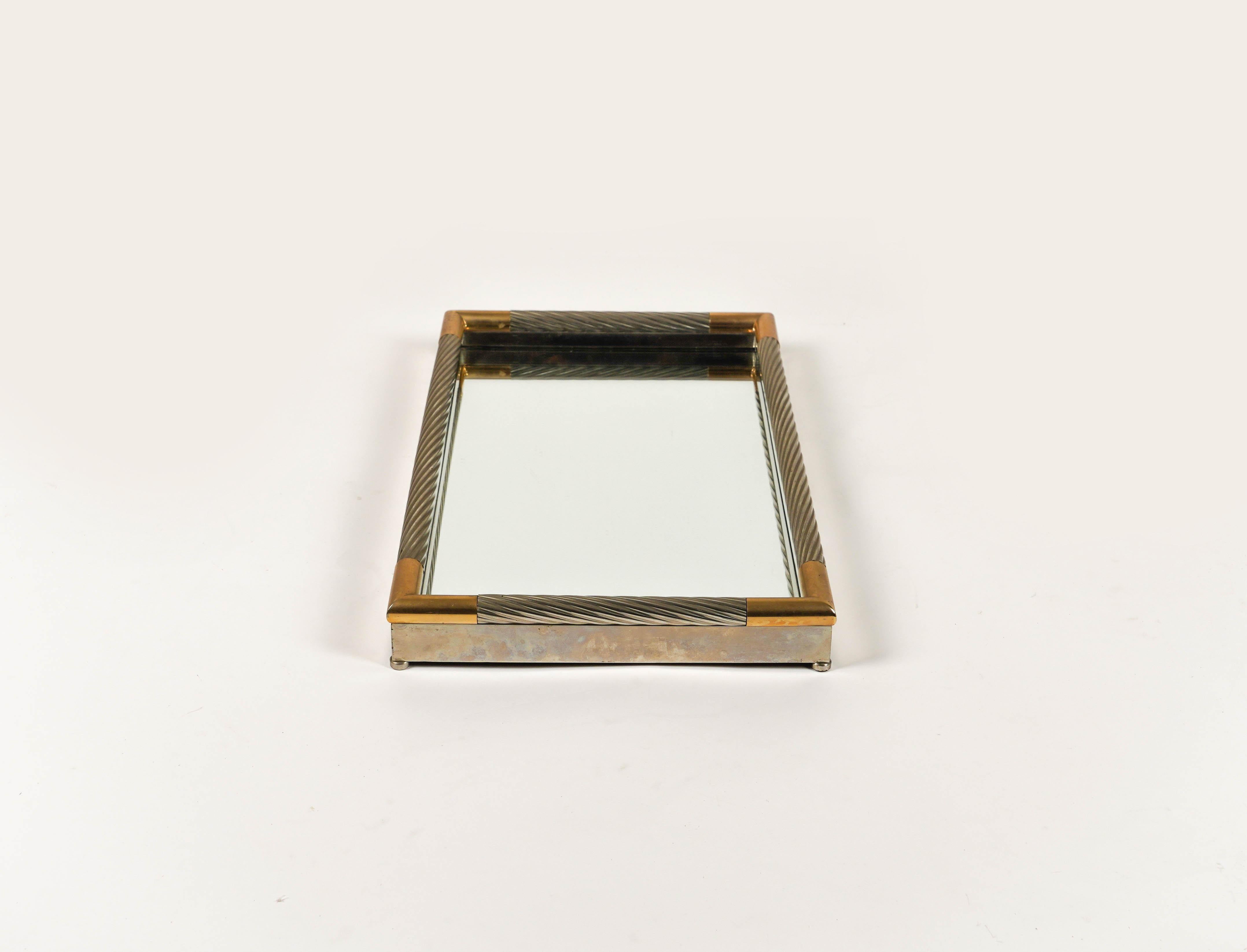 Serving Tray in Silver Metal, Brass and Mirror by Tommaso Barbi, Italy 1970s For Sale 11