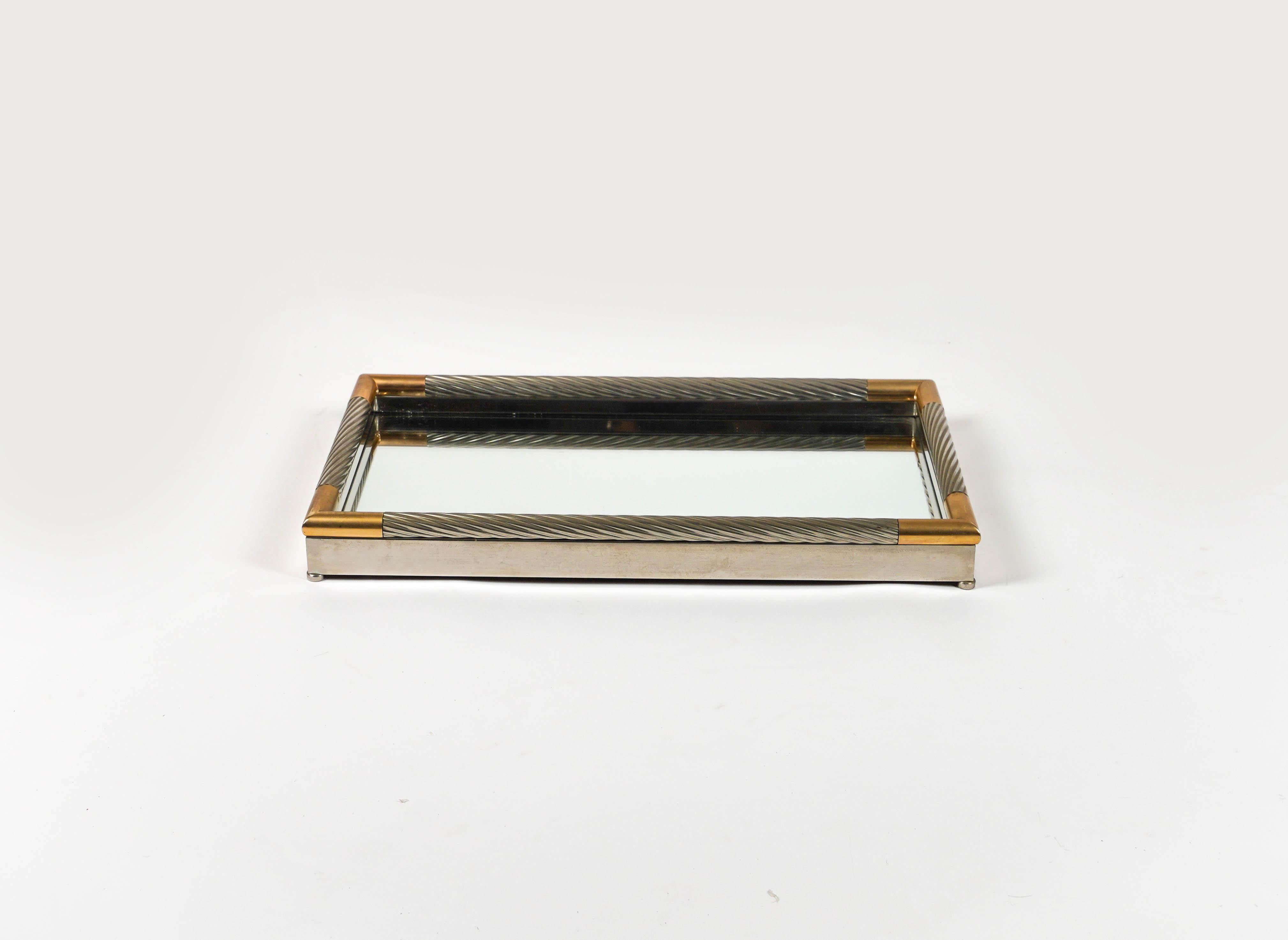 Mid-Century Modern Serving Tray in Silver Metal, Brass and Mirror by Tommaso Barbi, Italy 1970s For Sale