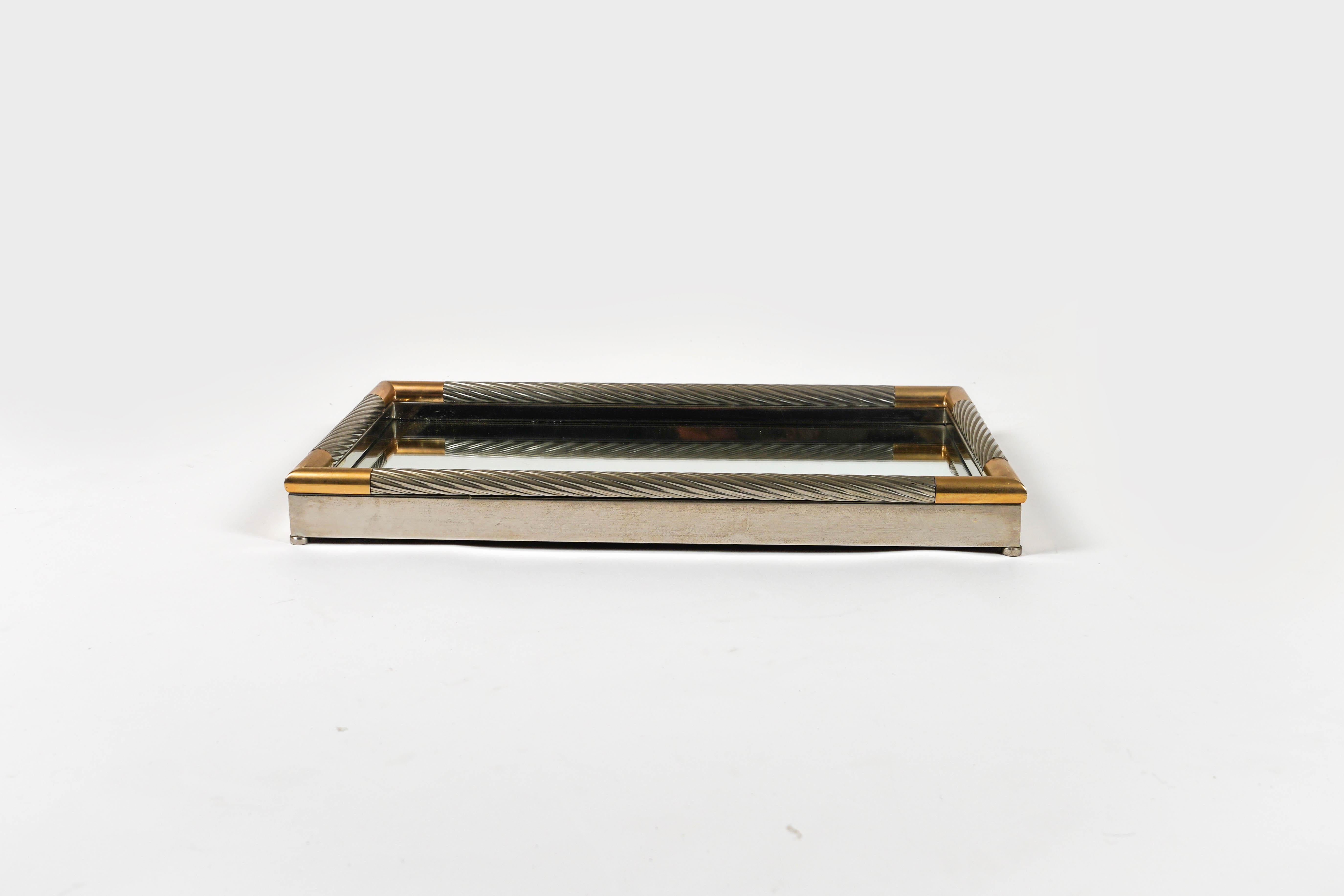 Italian Serving Tray in Silver Metal, Brass and Mirror by Tommaso Barbi, Italy 1970s For Sale