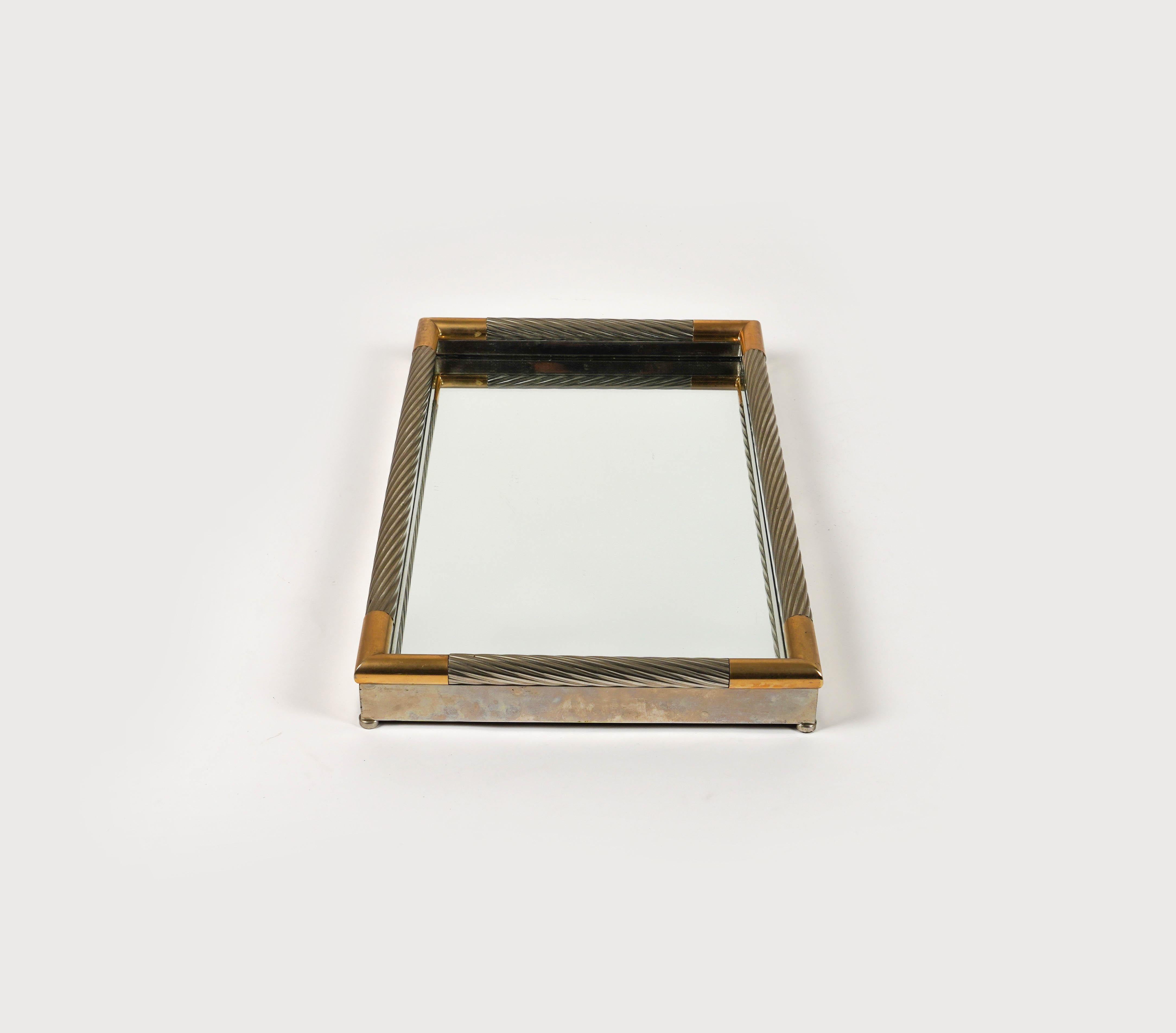 Serving Tray in Silver Metal, Brass and Mirror by Tommaso Barbi, Italy 1970s For Sale 1