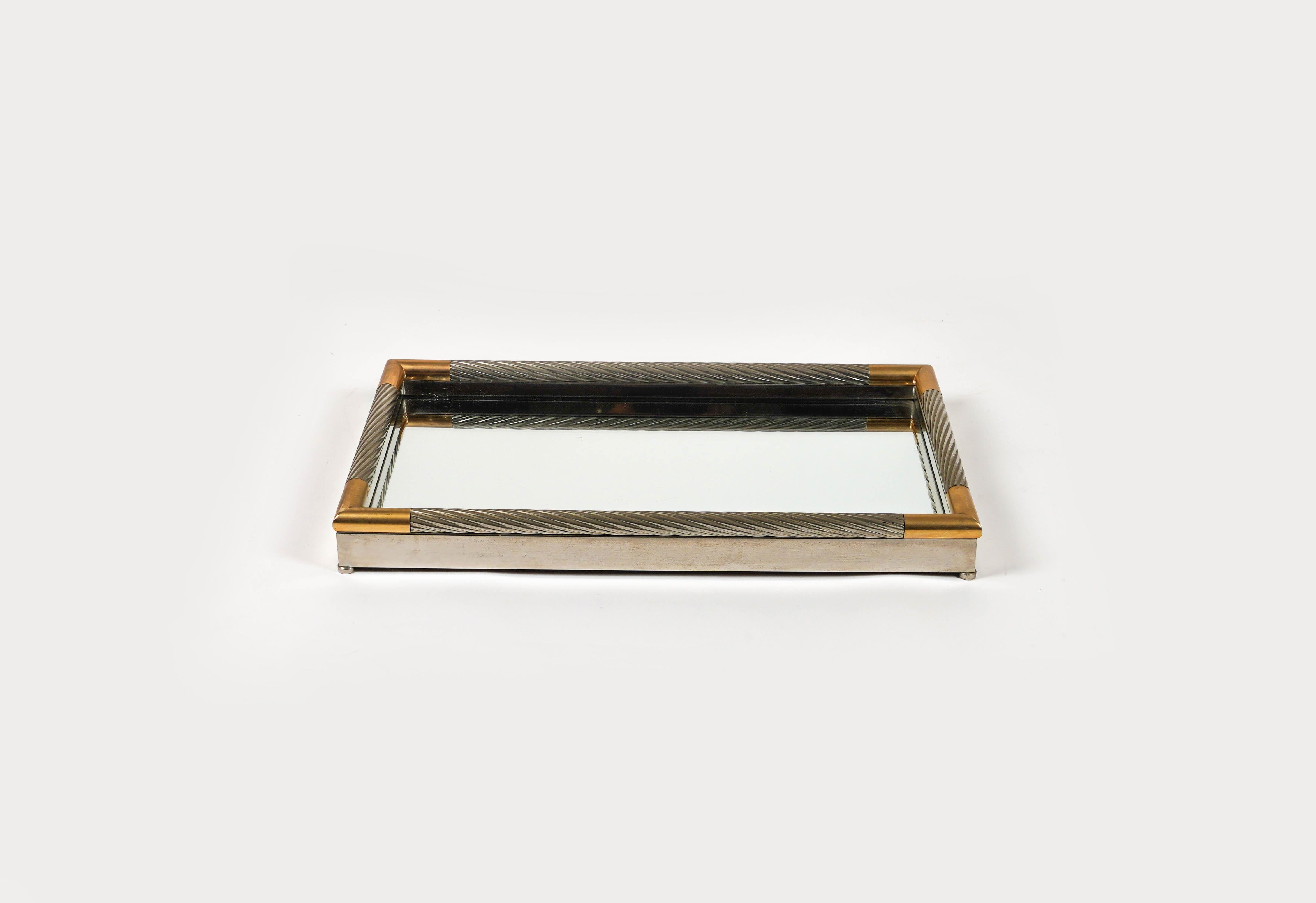 Serving Tray in Silver Metal, Brass and Mirror by Tommaso Barbi, Italy 1970s For Sale 2