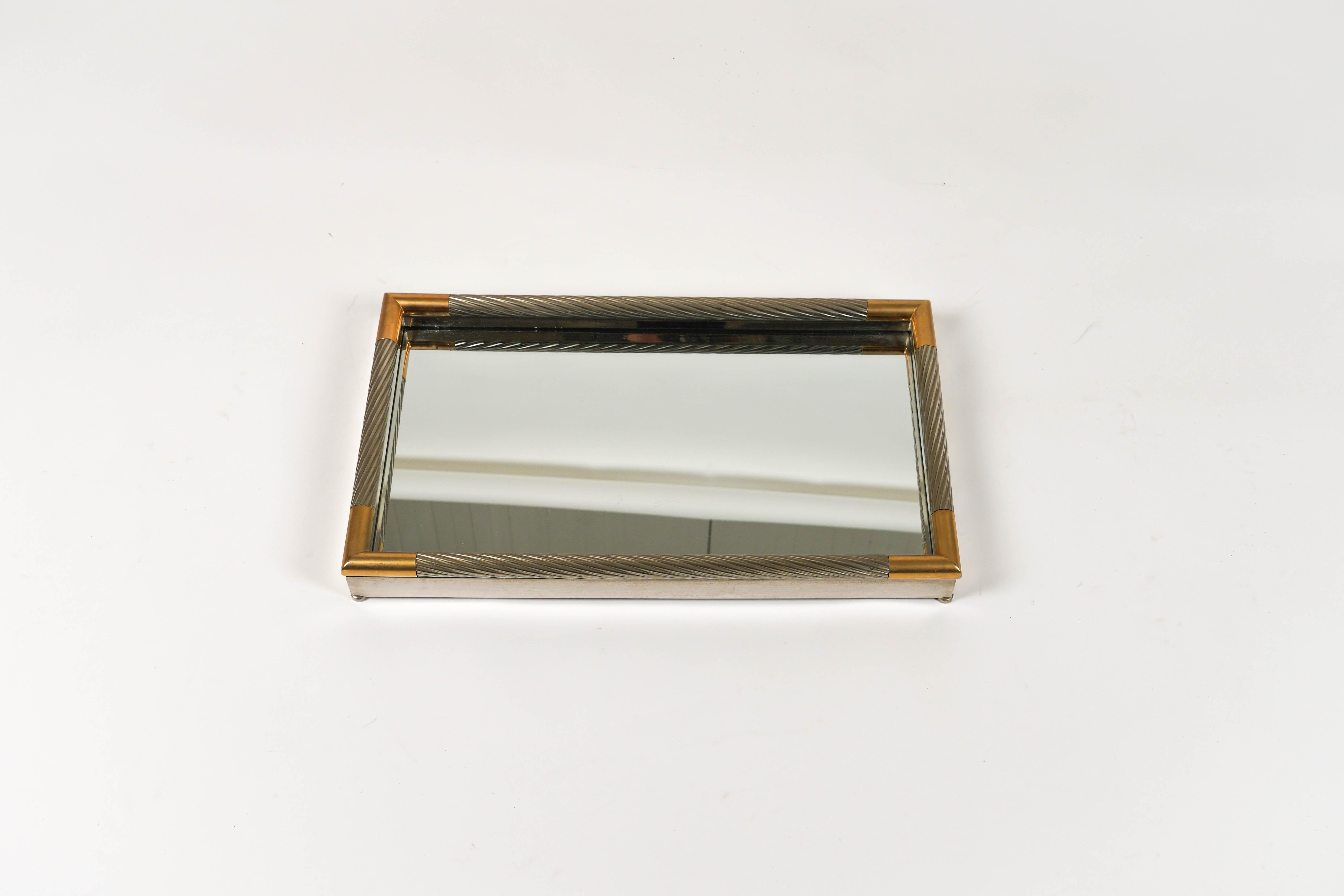 Serving Tray in Silver Metal, Brass and Mirror by Tommaso Barbi, Italy 1970s For Sale 3