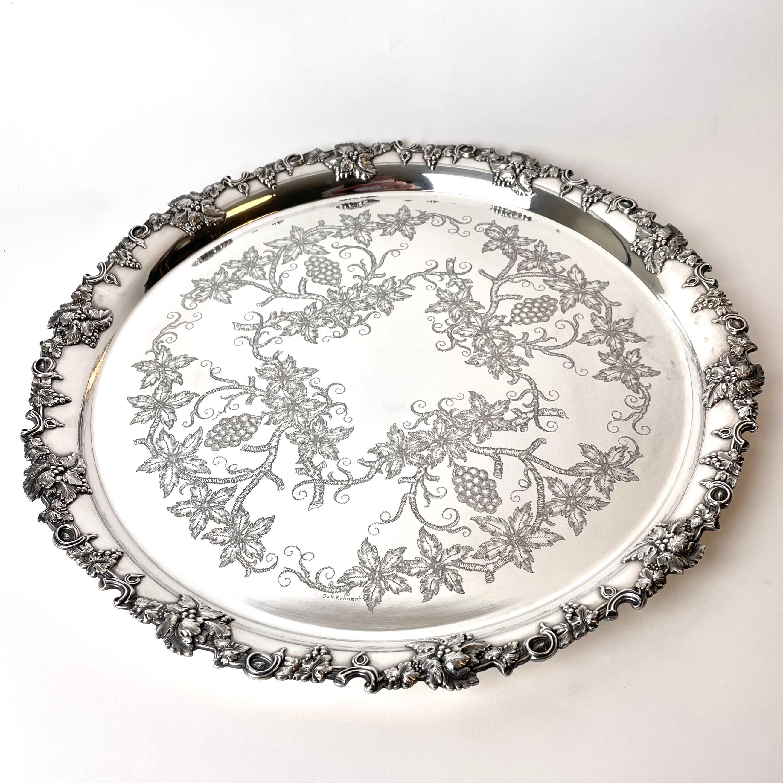 A beautiful serving tray in silver plate by the best silver plating company in Sweden, A.G Dufva. Made in the early 20th century and signed by the engraver R. Kuhnert.

Richly decorated with grapes and grape leaves.

Wear consistent with age and