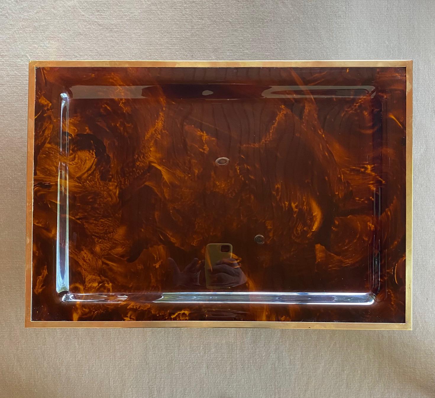 Mid-Century Modern Serving Tray in Tortoiseshell Lucite and Brass Christian Dior Style, France 70s