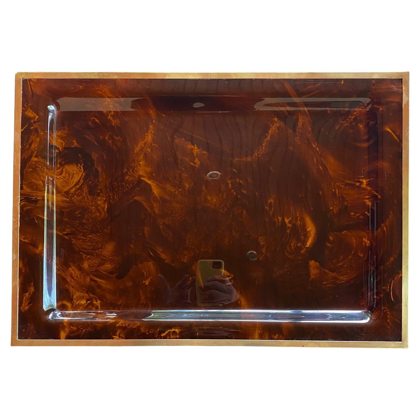 Serving Tray in Tortoiseshell Lucite and Brass Christian Dior Style, France 70s