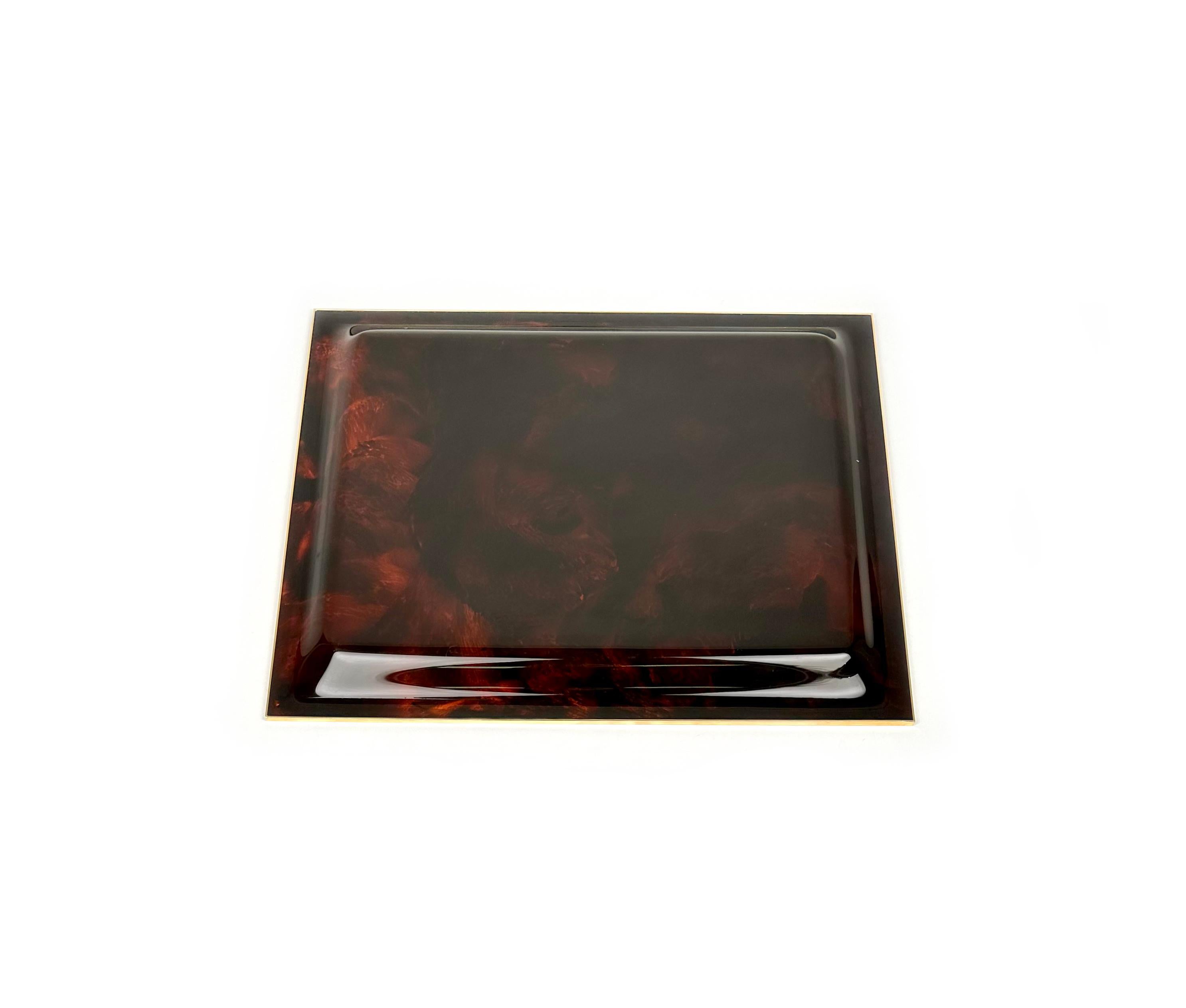 Serving Tray in Tortoiseshell Lucite and Brass Christian Dior Style, Italy 1970s For Sale 3