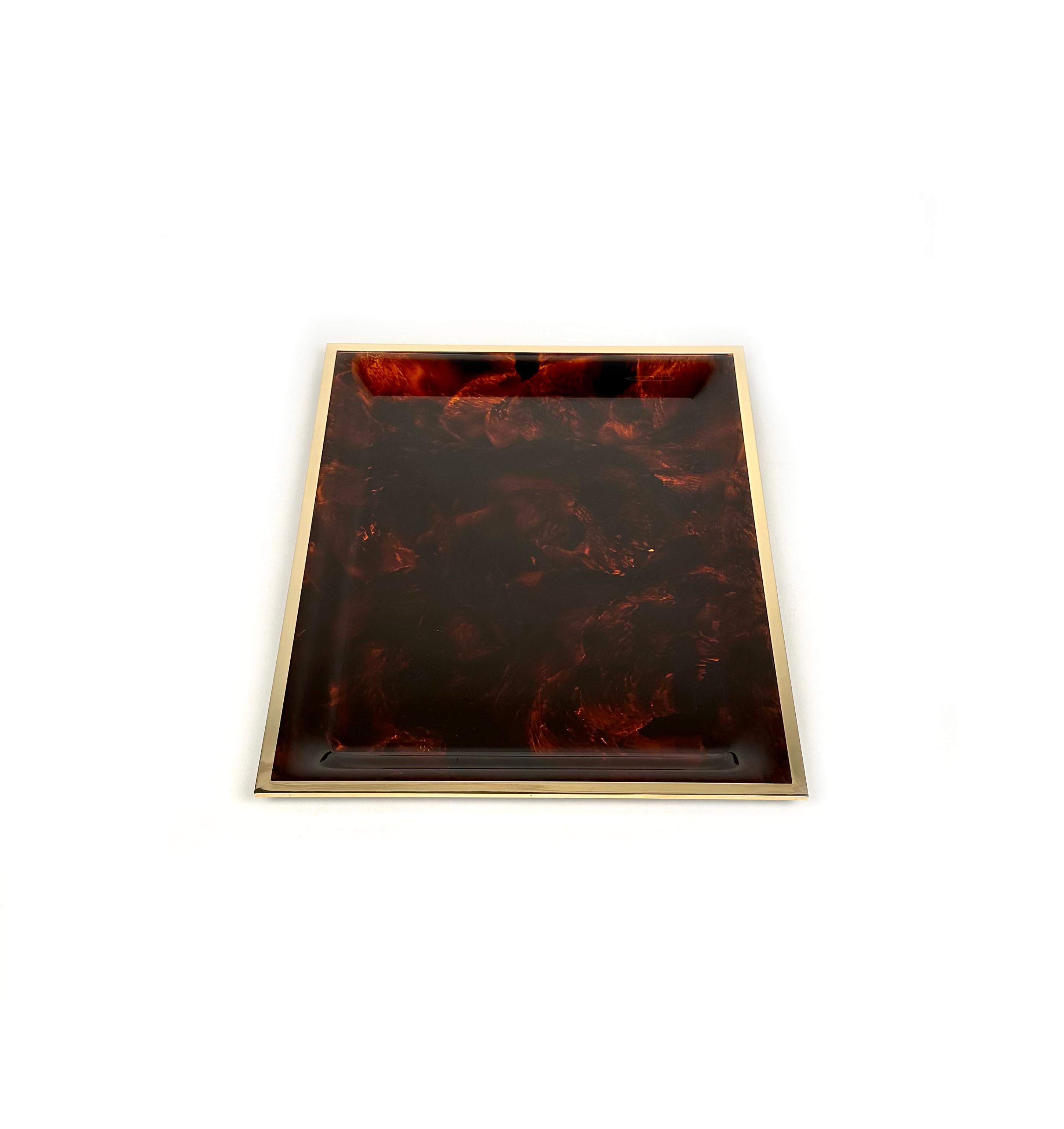 Italian Serving Tray in Tortoiseshell Lucite and Brass Christian Dior Style, Italy 1970s For Sale