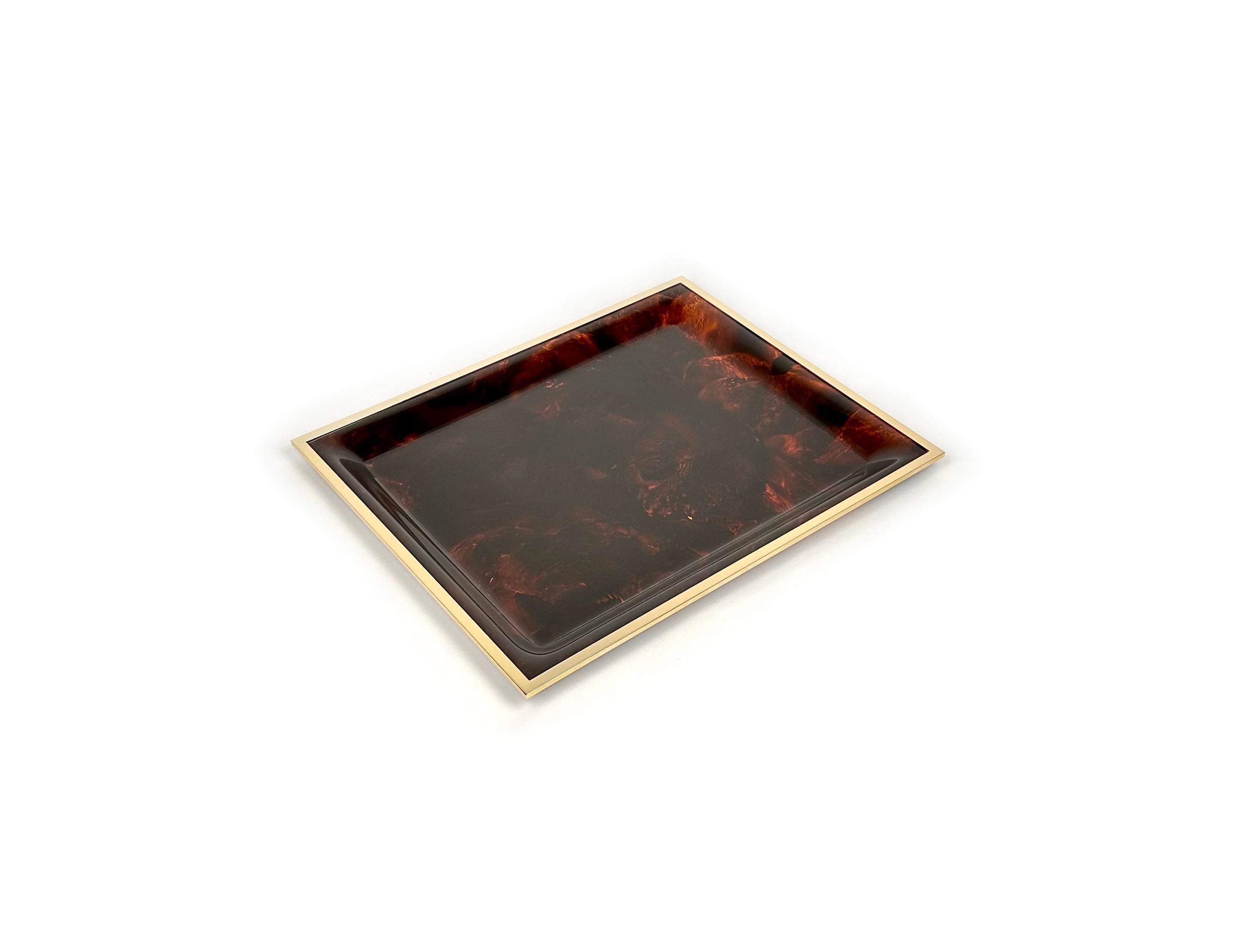 Late 20th Century Serving Tray in Tortoiseshell Lucite and Brass Christian Dior Style, Italy 1970s For Sale