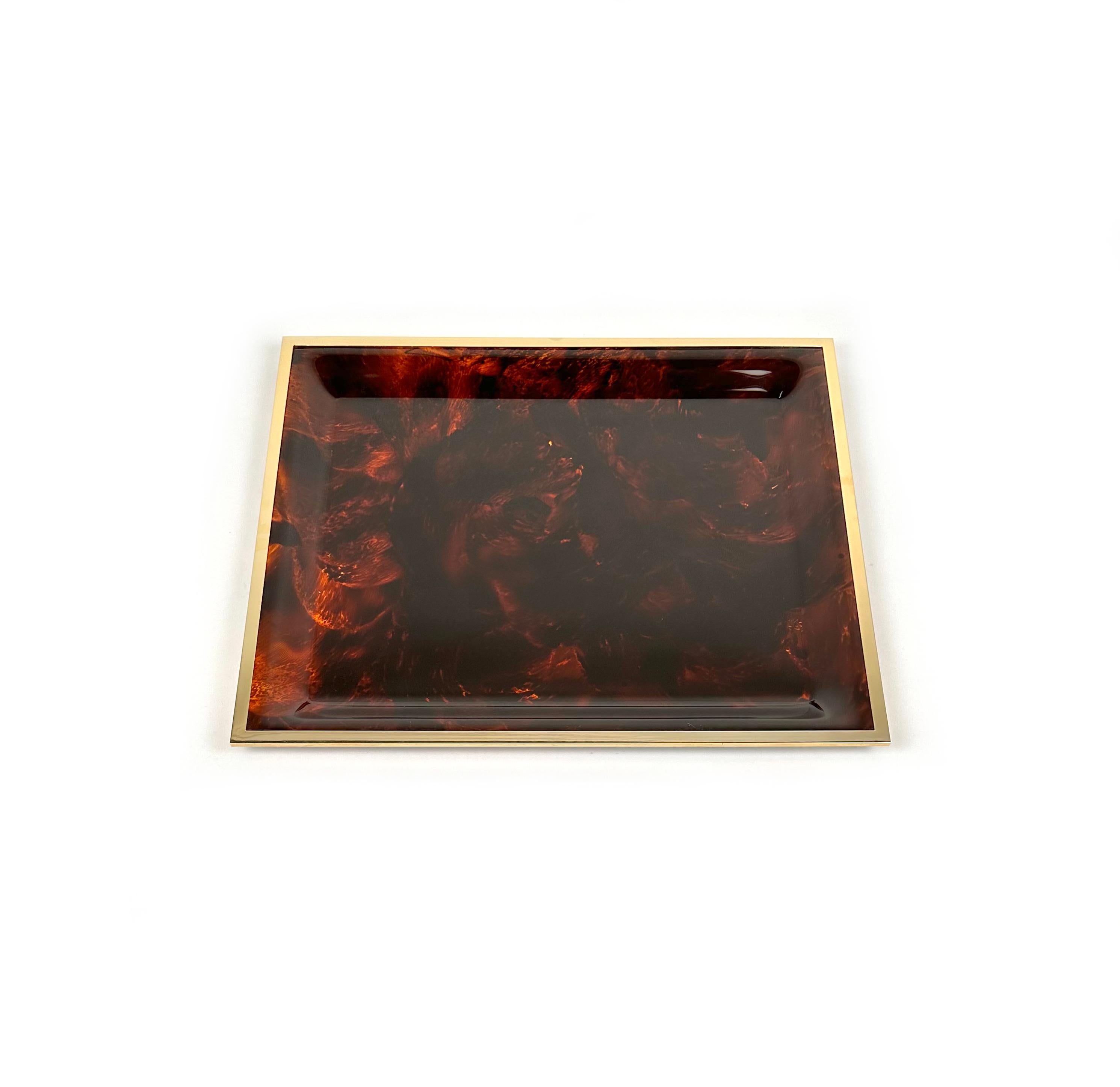 Serving Tray in Tortoiseshell Lucite and Brass Christian Dior Style, Italy 1970s For Sale 2