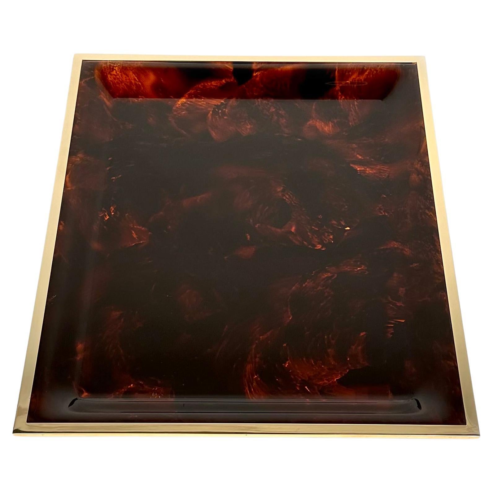 Serving Tray in Tortoiseshell Lucite and Brass Christian Dior Style, Italy 1970s For Sale