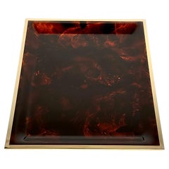 Serving Tray in Tortoiseshell Lucite and Brass Christian Dior Style, Italy 1970s