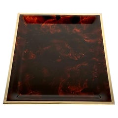 Retro Serving Tray in Tortoiseshell Lucite and Brass Christian Dior Style, Italy 1970s