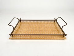 Serving Tray Lucite, Brass & Rattan Christian Dior Style, Italy, 1970s