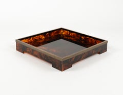 Serving Tray Lucite Faux Tortoiseshell & Brass Christian Dior Style, Italy 1970s