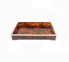 Serving Tray Lucite Faux Tortoiseshell & Chrome Willy Rizzo style, Italy 1970s