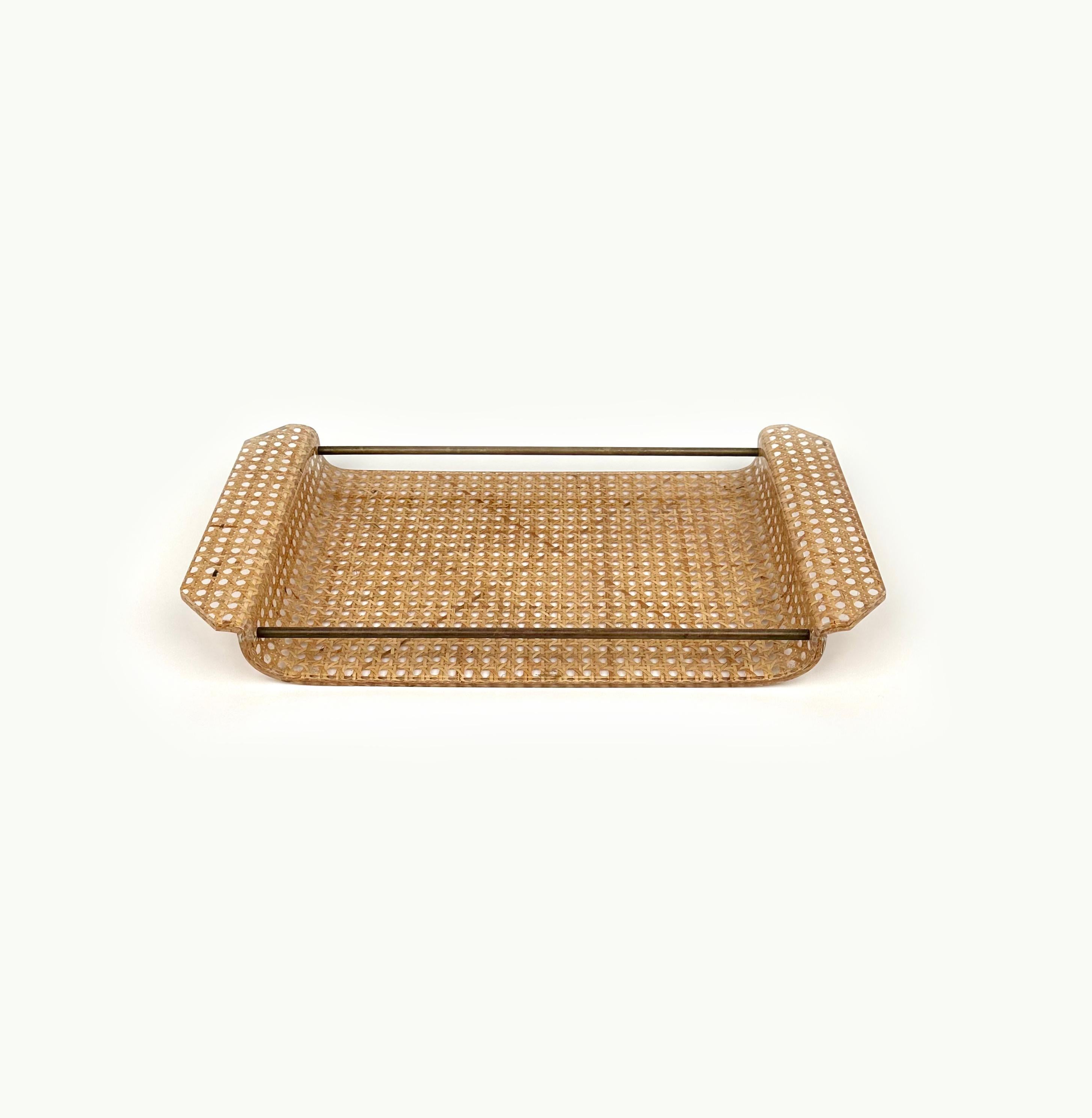 Mid-Century Modern Serving Tray Lucite, Rattan and Brass Christian Dior Style, Italy, 1970s For Sale