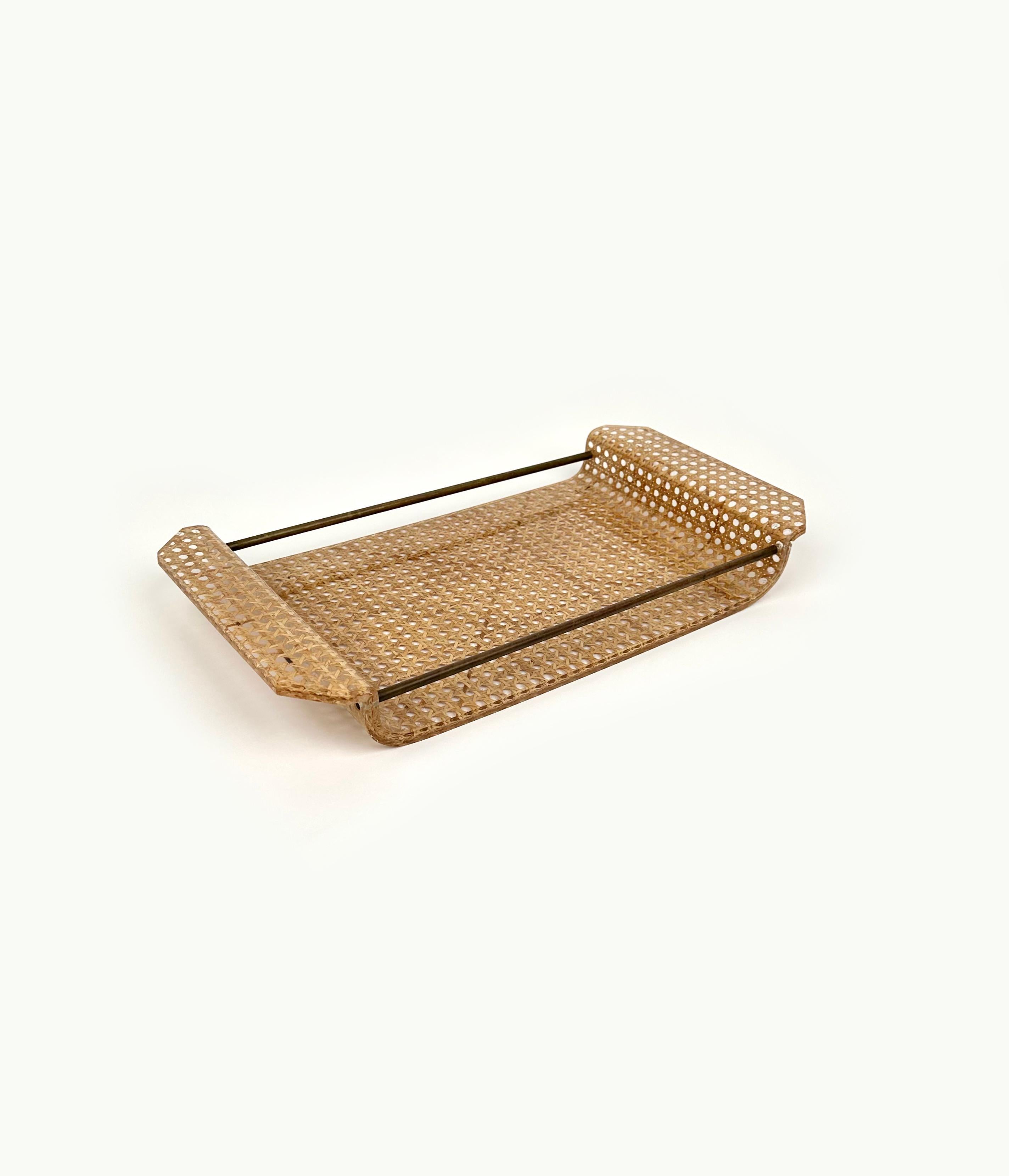 Italian Serving Tray Lucite, Rattan and Brass Christian Dior Style, Italy, 1970s For Sale