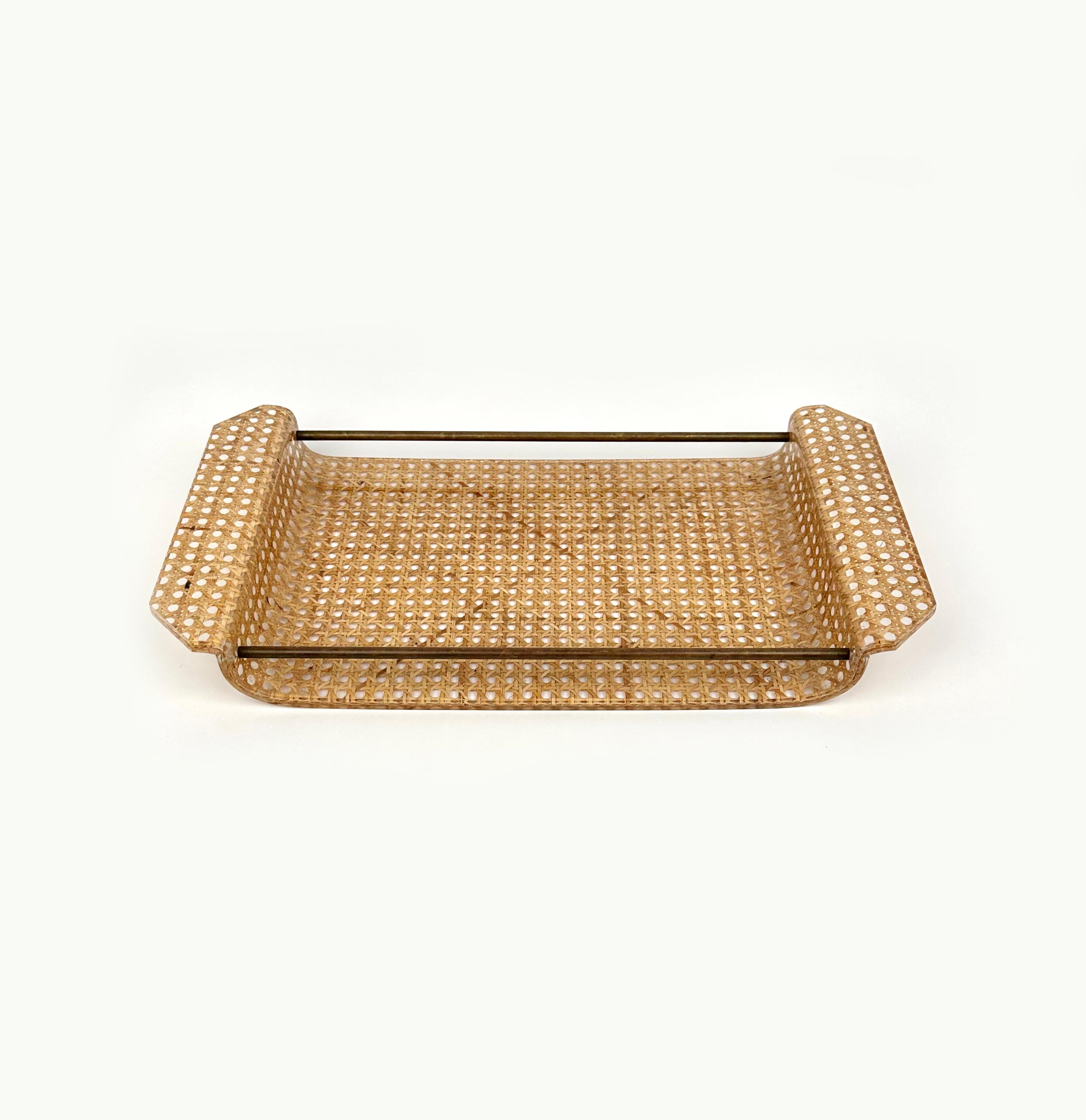 Metal Serving Tray Lucite, Rattan and Brass Christian Dior Style, Italy, 1970s For Sale