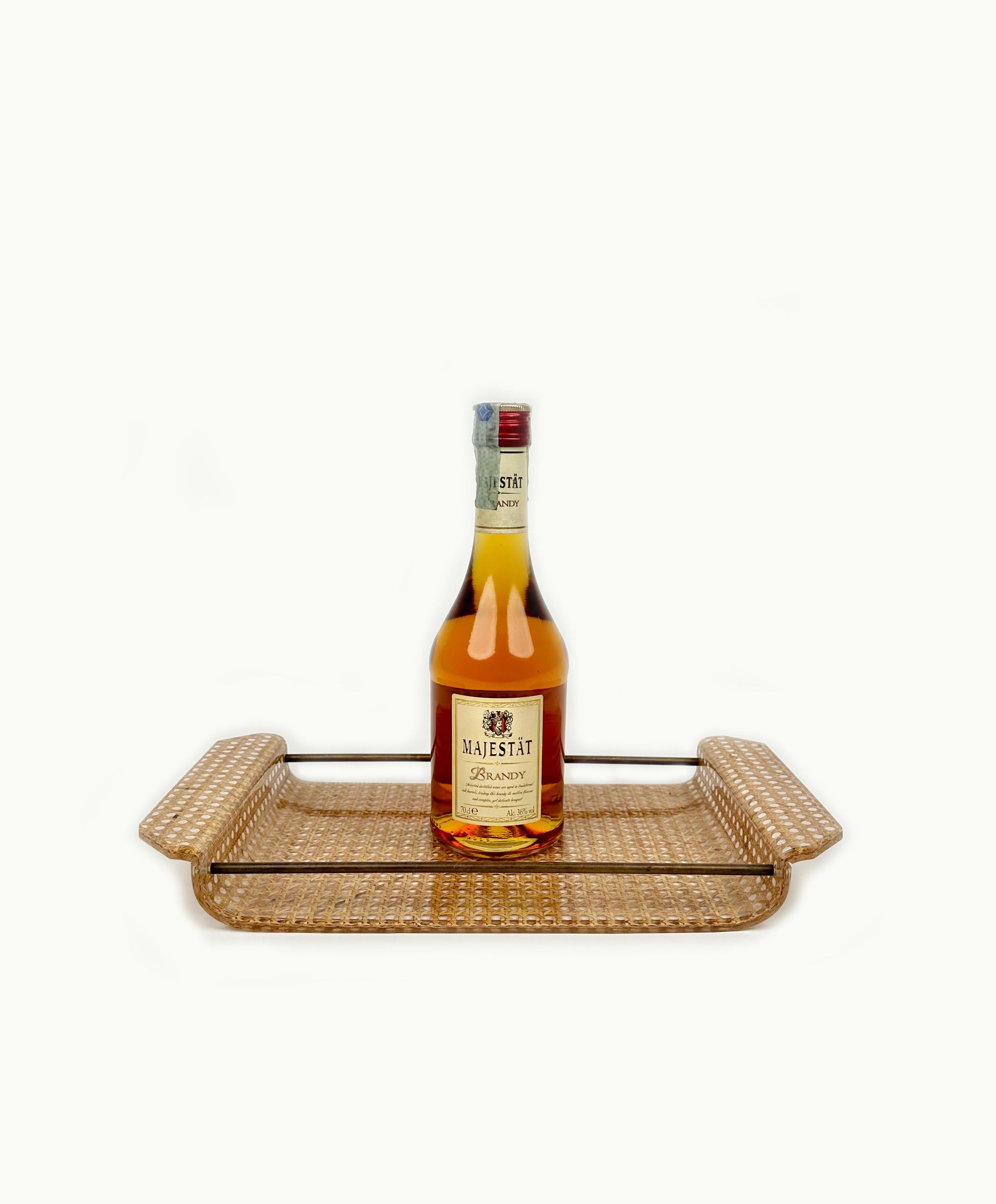 Serving Tray Lucite, Rattan and Brass Christian Dior Style, Italy, 1970s For Sale 1