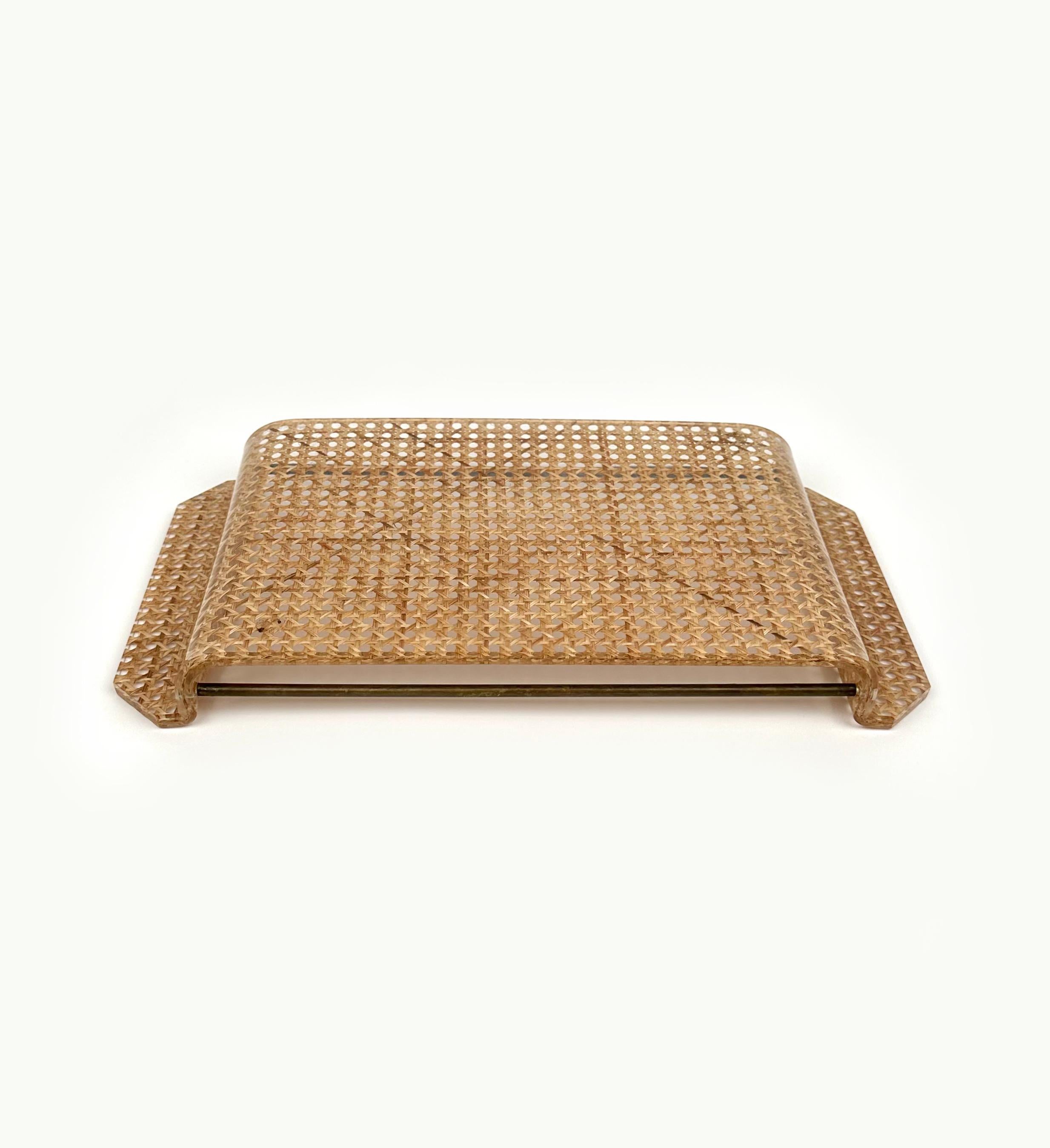 Serving Tray Lucite, Rattan and Brass Christian Dior Style, Italy, 1970s For Sale 2