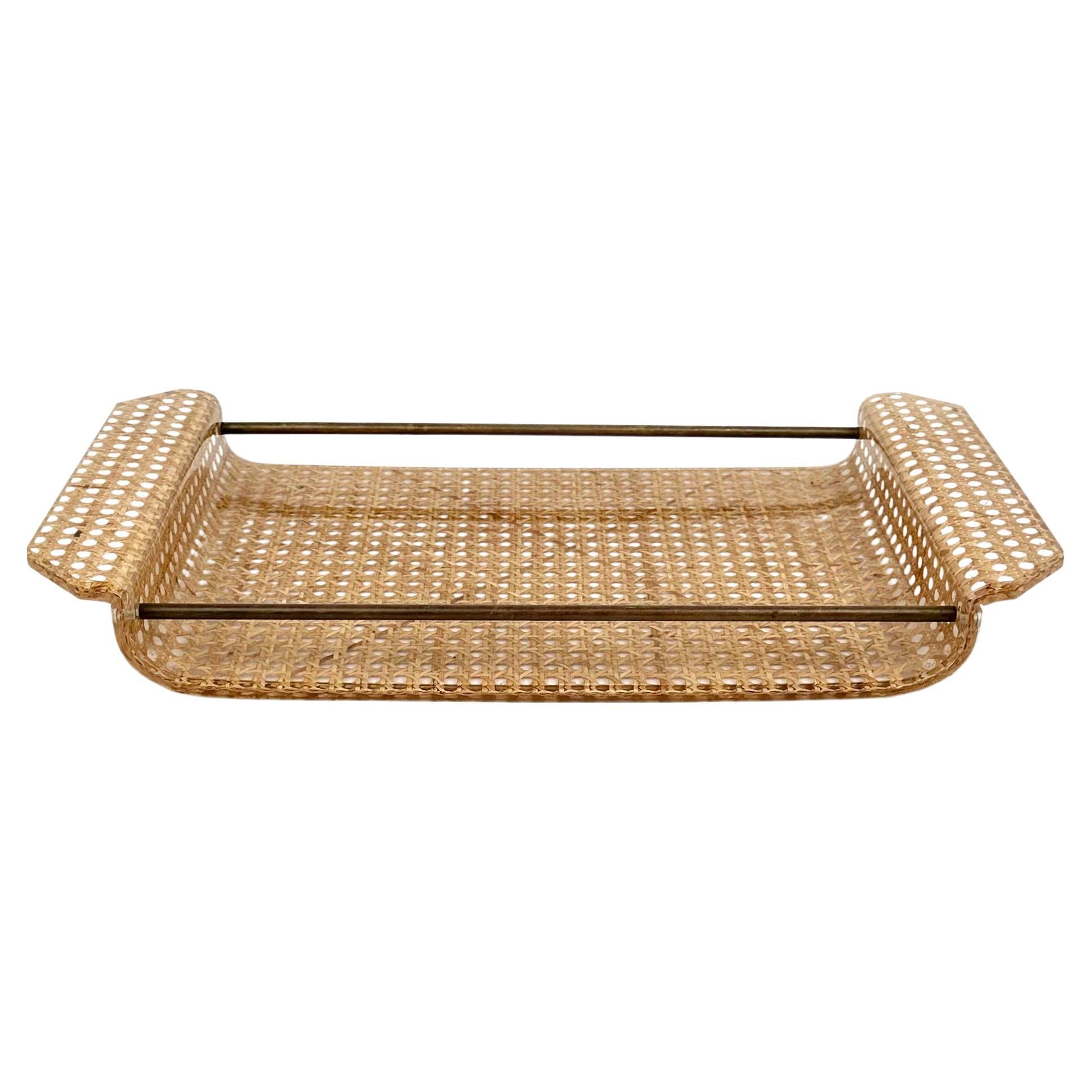 Round Bamboo, Rattan & Brass Serving Tray, Italy, 1970s for sale at Pamono