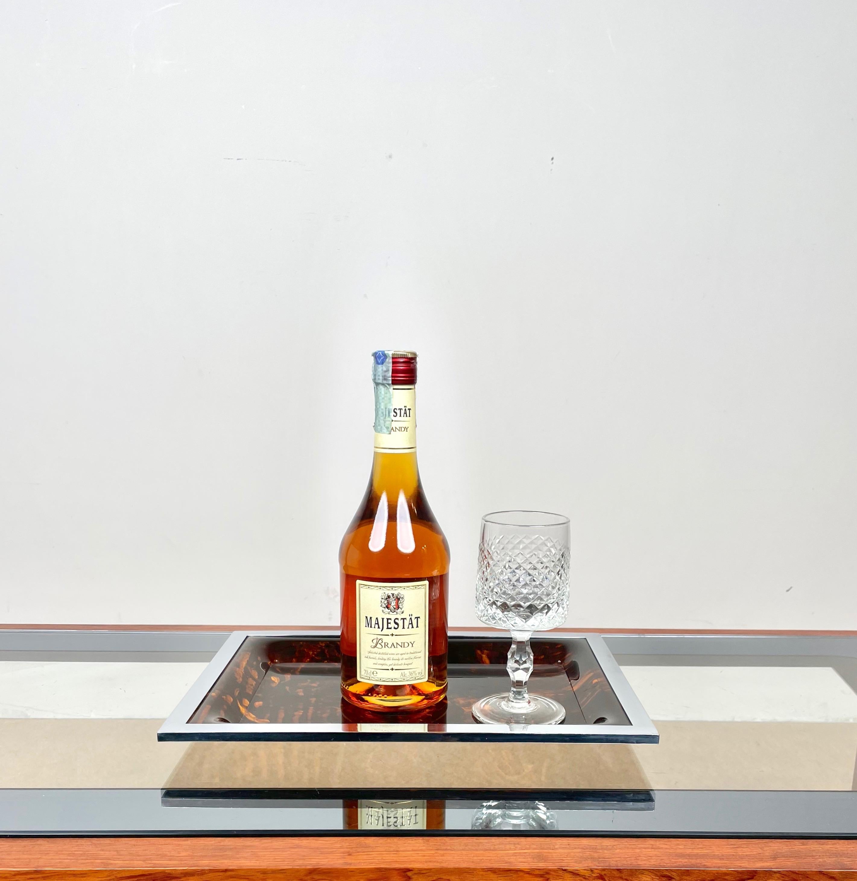 Mid-Century Modern Serving Tray Lucite Tortoiseshell & Chrome Christian Dior Style, Italy, 1970s For Sale