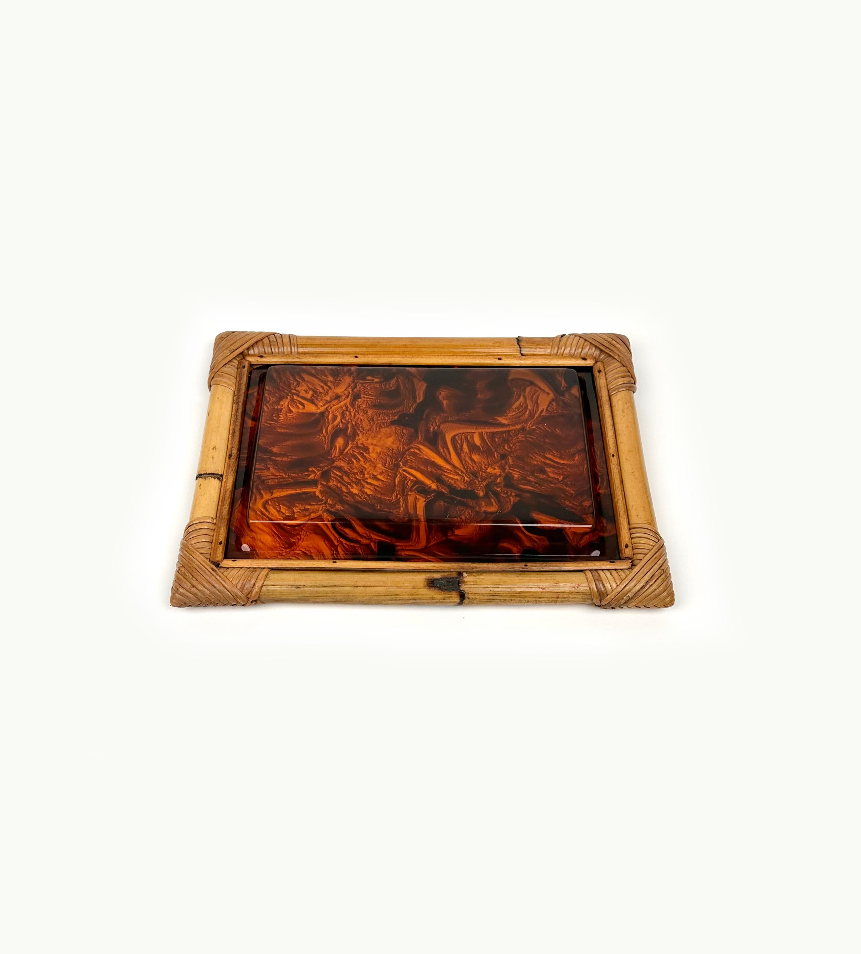 Italian Serving Tray or Vide-Poche in Bamboo and Tortoiseshell Lucite, Italy 1970s For Sale