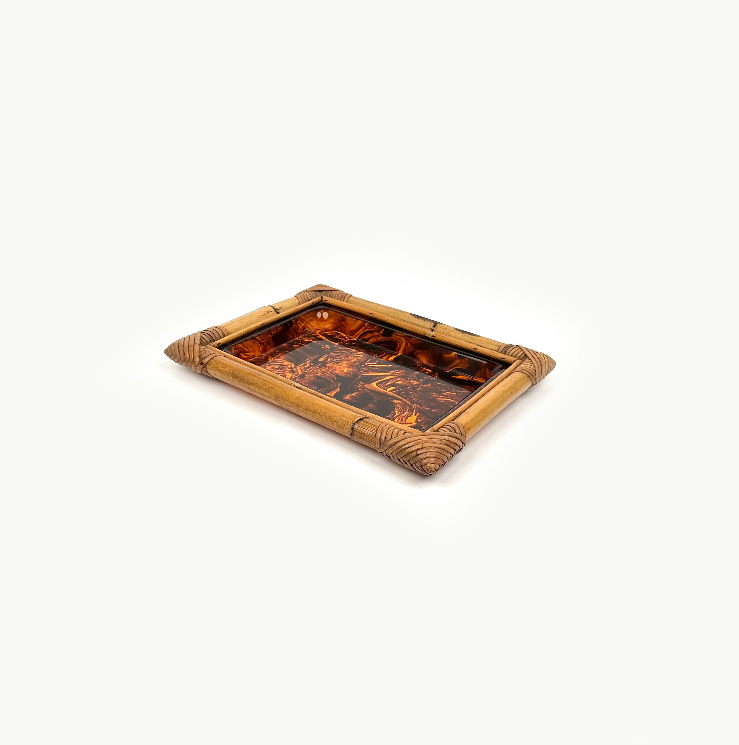 Late 20th Century Serving Tray or Vide-Poche in Bamboo and Tortoiseshell Lucite, Italy 1970s For Sale