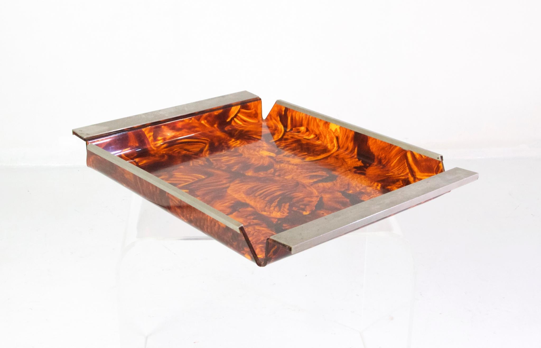 Chrome Serving Tray Tortoise Lucite, 1970s