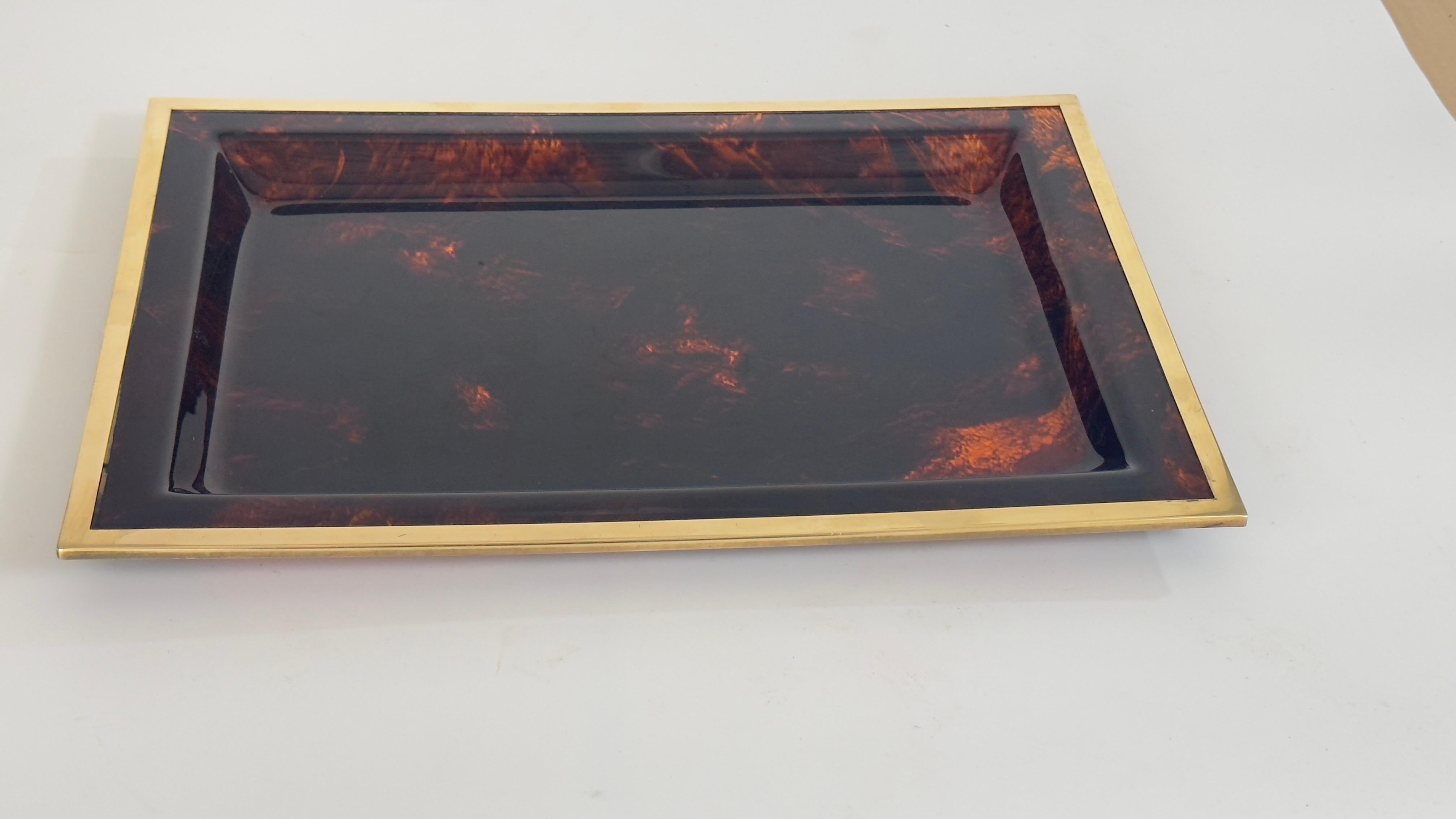 Mid-Century Modern Serving Tray Tortoise Lucite and Brass Attributed to Dior Home Collection