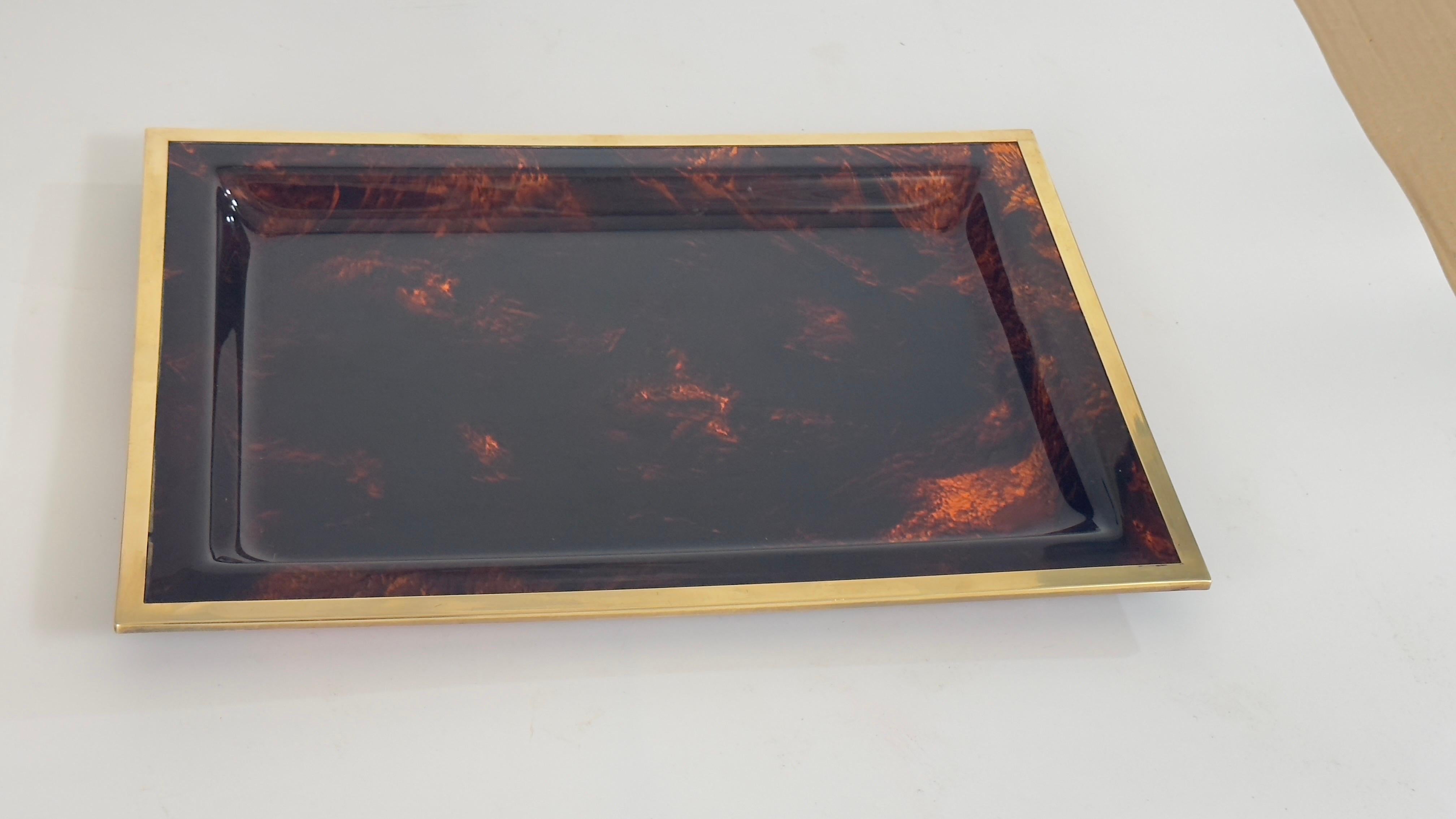 French Serving Tray Tortoise Lucite and Brass Attributed to Dior Home Collection