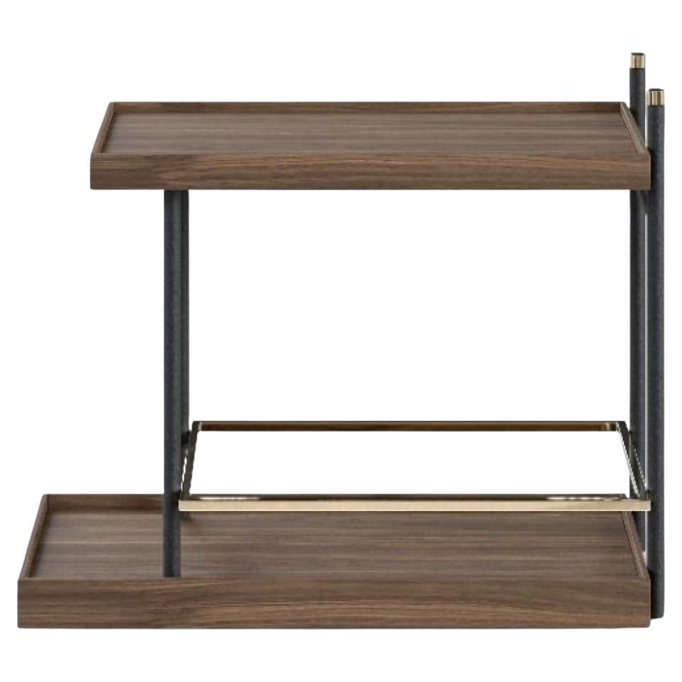 Unisci senza problemi stile e funzionalità con questo moderno carrello da bar, progettato per elevare qualsiasi spazio. Caratterizzato da un'elegante struttura in metallo e da ripiani in legno riccamente strutturati, questo pezzo versatile è